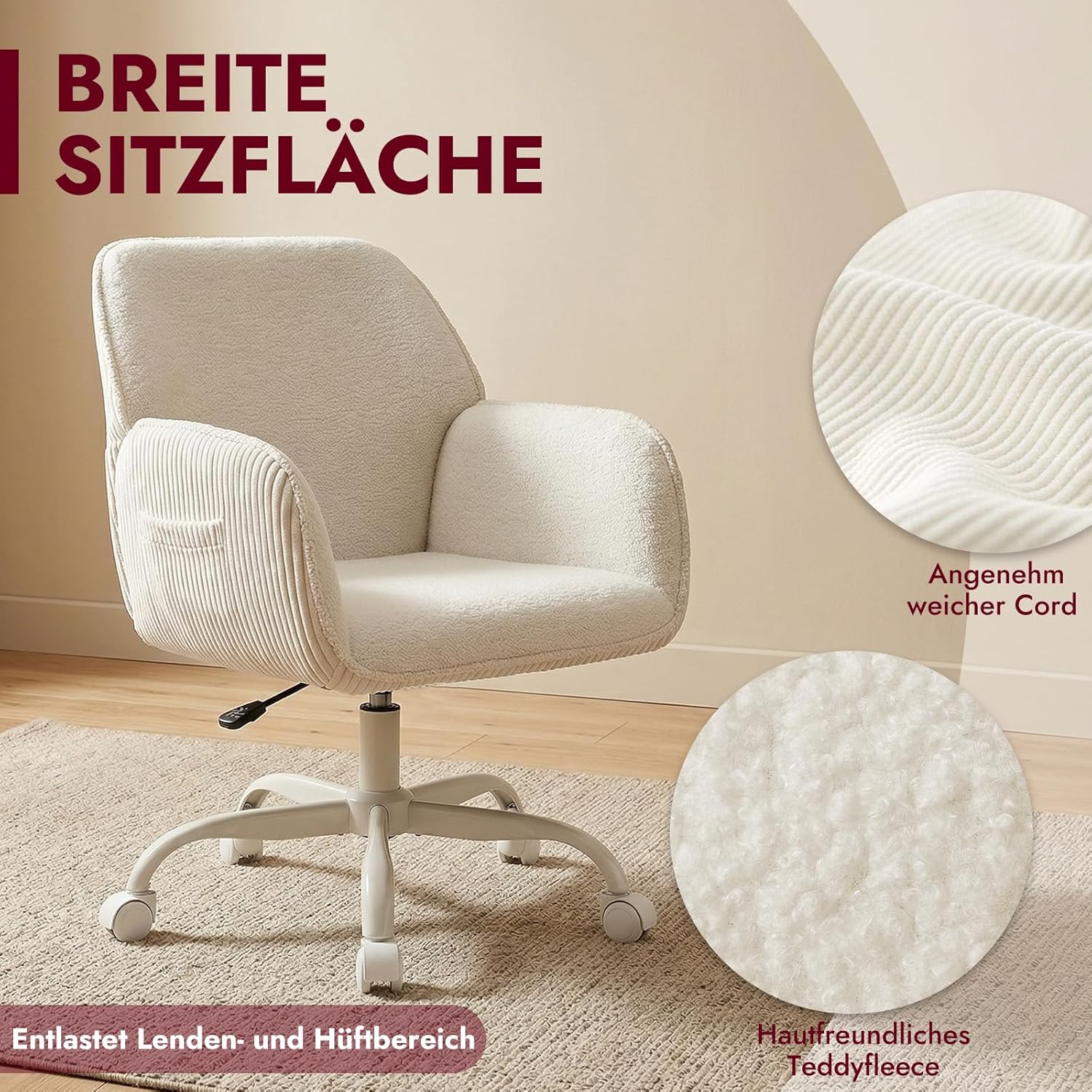 Bürostuhl, Schreibtischstuhl, Heimbürostuhl, Schminktischstuhl – Sherpa- und Cordstoff, ergonomisch mit Armlehnen, höhenverstellbar, 360° drehbar, leise Räder, breiter Sitz, stabil – Bild 3