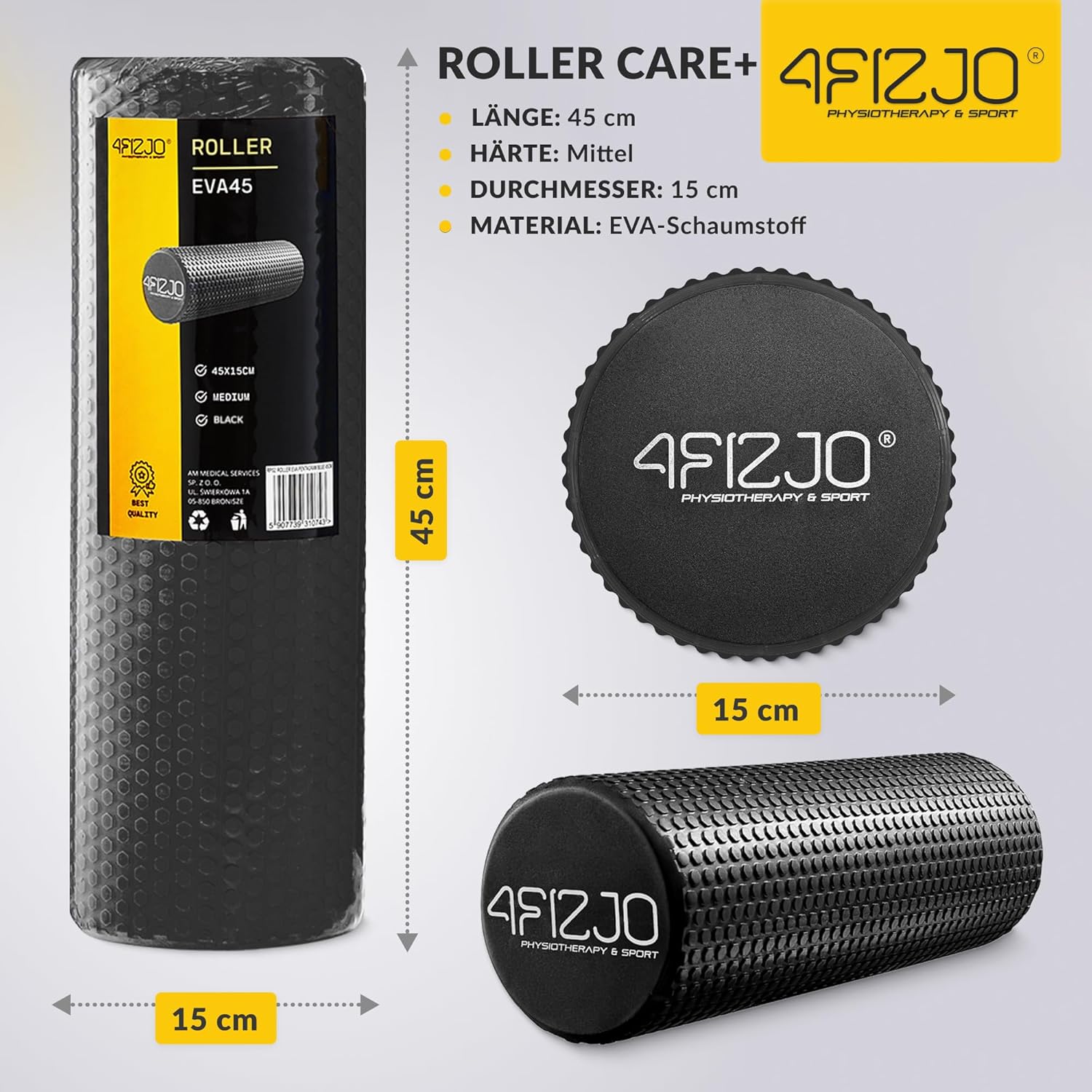 4FIZJO Faszienrolle mit Noppen aus EVA-Schaum, Durchmesser 15 cm, Länge 45 cm, Massagerolle, Rückenrolle, leicht, langlebig, mittlere Härte, Faszientraining, Massagetraining, schwarz – Bild 2