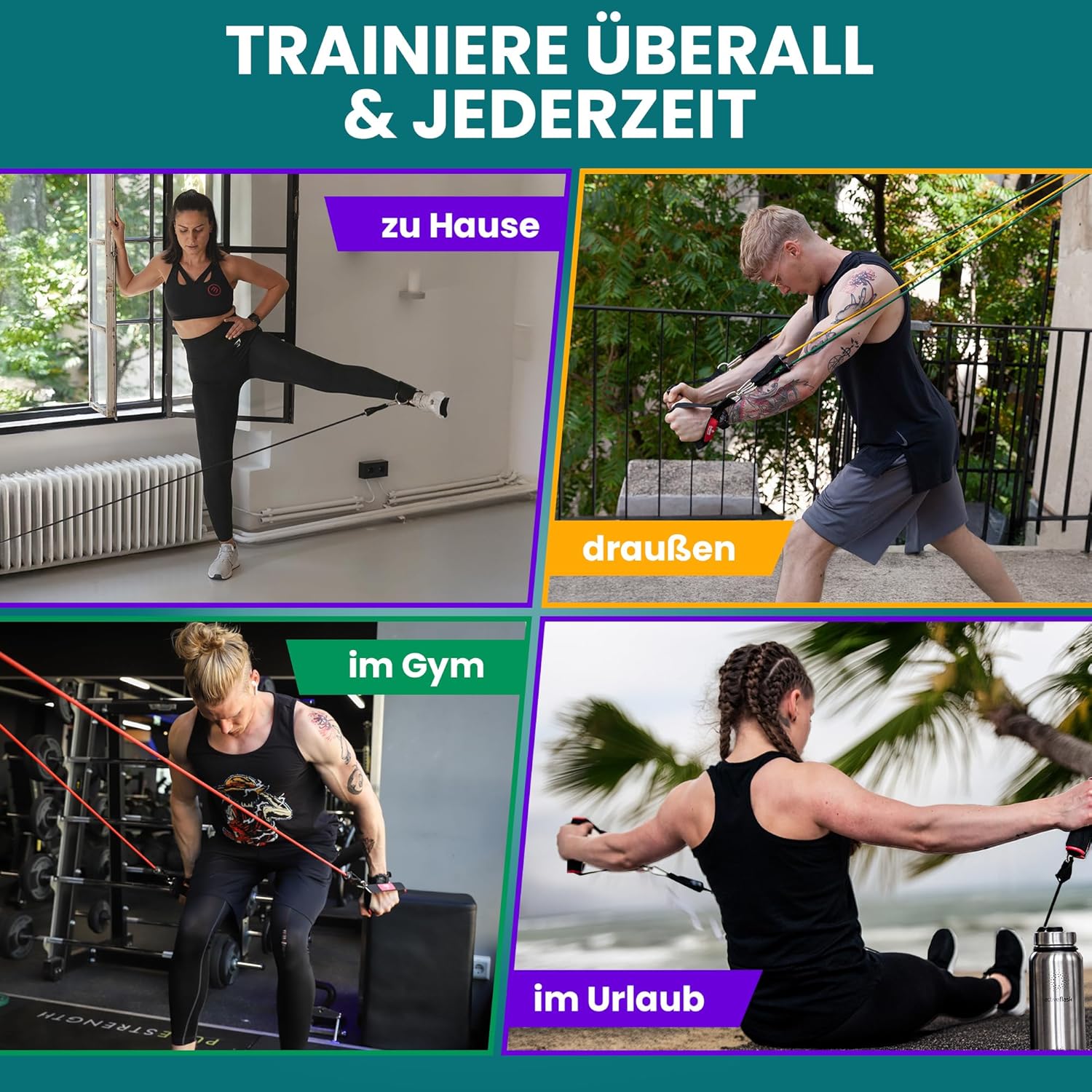Widerstandsband-Set mit Trainingsanleitung, Expander-Röhren, Fitnessbändern, Widerstandsband-Set: 5 Widerstandsbänder, Griffe, Türanker, Fußschlaufen, Fitnessband – Bild 7