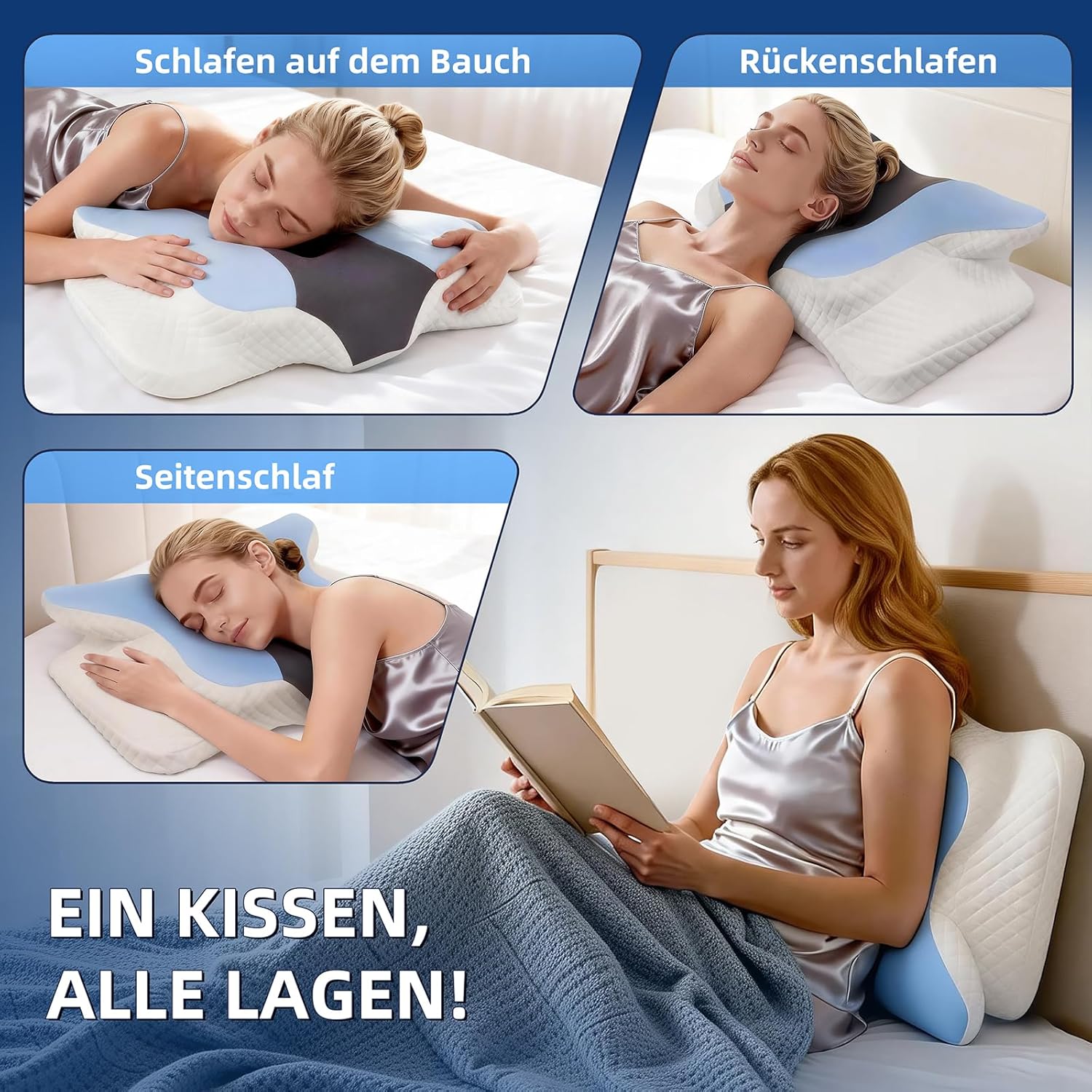 Nackenkissen mit Memory-Schaum – orthopädische Schmetterlingsform für Seitenschläfer, abnehmbarer, waschbarer Kühlbezug, für Erwachsene in allen Positionen – Bild 6