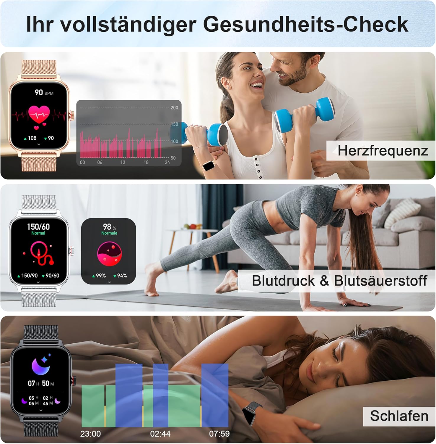 LODIMEKE Smartwatch Herren Damen Telefonfunktion Blutdruck Herzfrequenz Schlaf 1,96 Zoll AI Fitnessuhr 100+ Sportmodi, IP67 Wasserdicht Schrittzähler Wecker Rechner Visitenkarte iOS Android – Bild 3