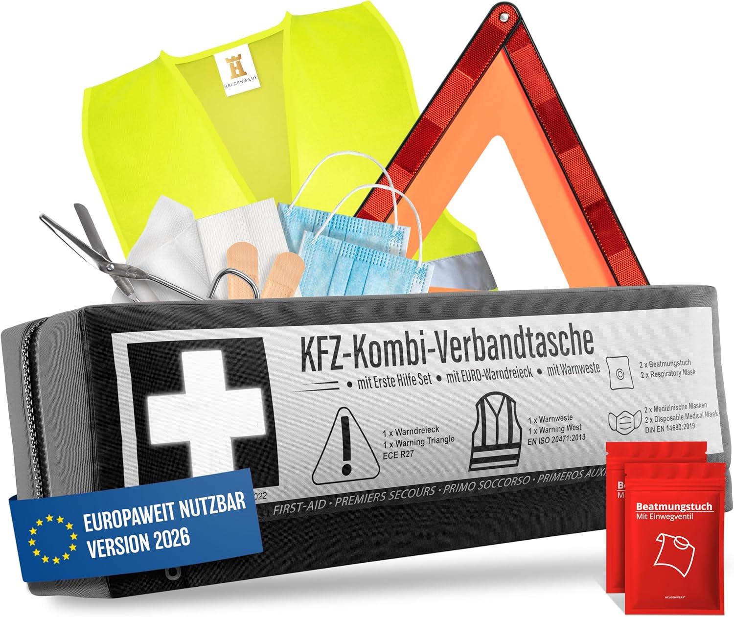 PKW Kombitasche (3 in 1) nach aktueller Norm 2026 - inkl. Warndreieck, Warnweste - Verbandskasten Warndreieck Set Verbandskasten KFZ DIN 13164:2022 (StVO konform)