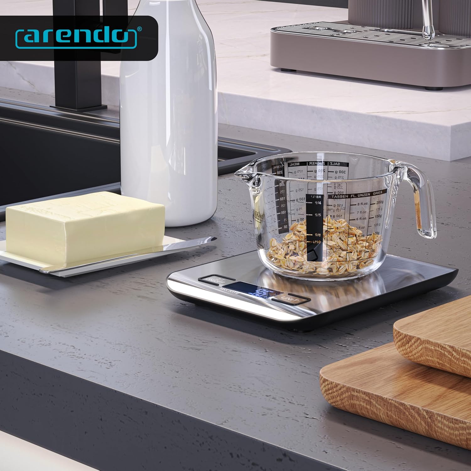 Arendo – Digitale Küchenwaage aus Edelstahl – max. 5 kg – LCD-Display – Tara-Wiegefunktion – Messgenauigkeit 1 g – Display mit LCD-Anzeige – g, lb:oz, oz, ml – Bild 6