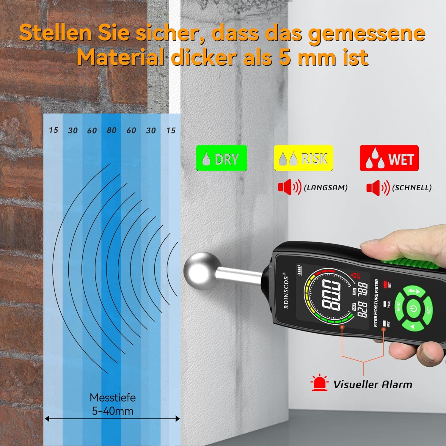 RDINSCOS Feuchtigkeitsmessgerät – Wand-Feuchtigkeitsmessgerät und Holz-Feuchtigkeitsmessgerät, zerstörungsfreie Messung, Gebäude-Feuchtigkeitsmessgerät für Holz, Wand, Decke, Boden, Wohnmobil – Bild 7