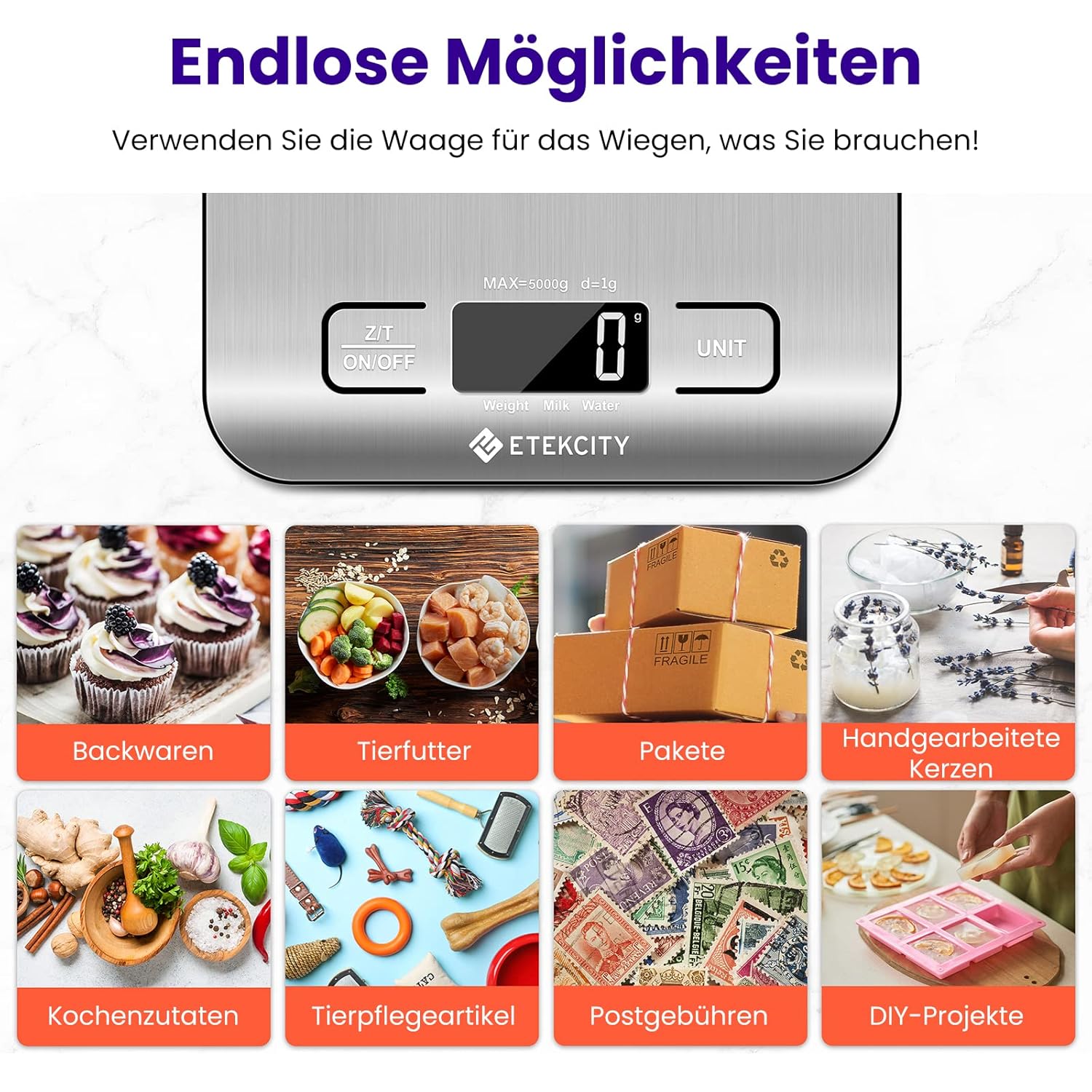ETEKCITY Digitale Küchenwaage – Edelstahl 304 – Intelligente Küchenwaage in Lebensmittelqualität – Leicht zu reinigen – Präzisionswaage mit beleuchtetem LCD – Klare und leicht ablesbare Lebensmittelskala – Bild 6