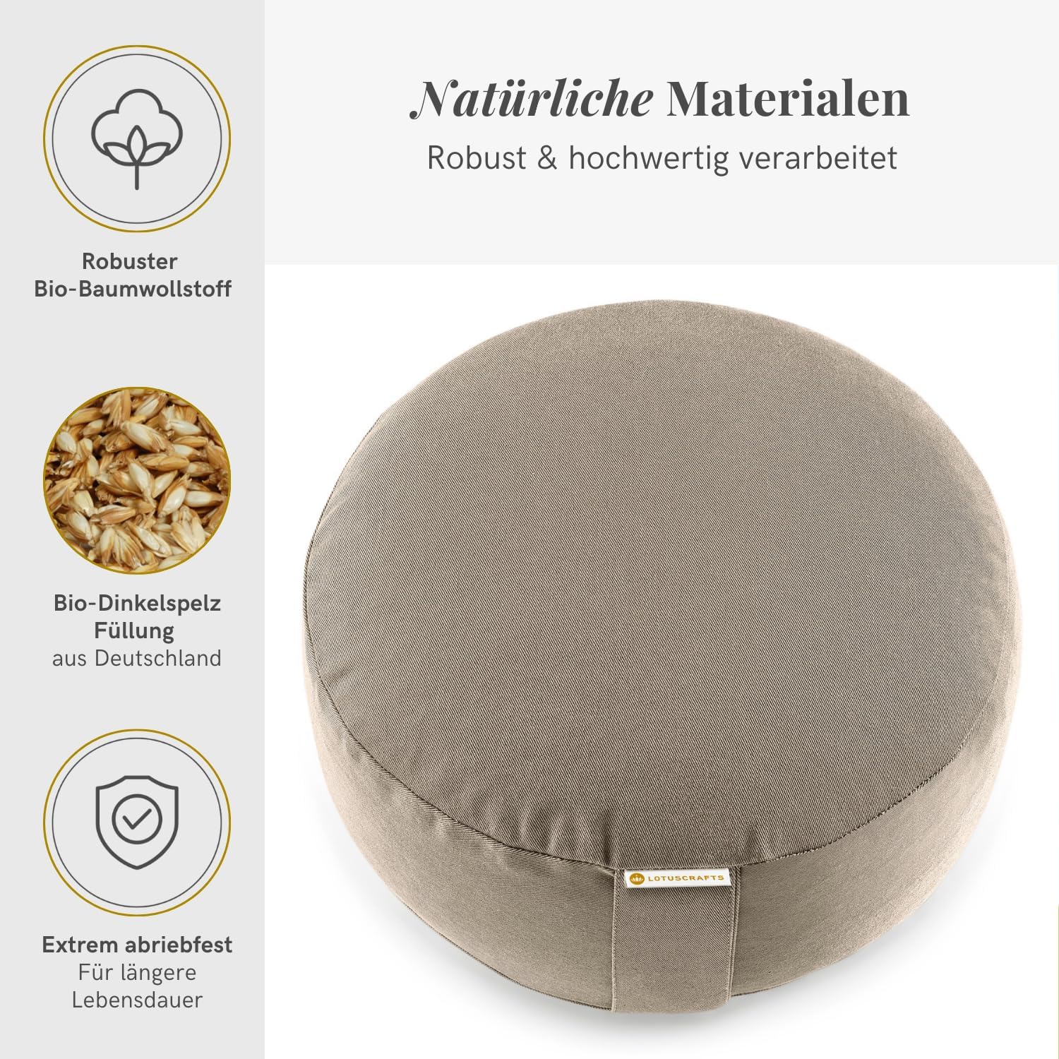 Lotuscrafts Meditationskissen mit 15 cm Sitzhöhe, Yogakissen mit Dinkelfüllung, rundes Yogakissen, rundes Bodenkissen, Yogakissen Meditationskissen, Yogakissenbezug waschbar, GOTS zertifiziert – Bild 3