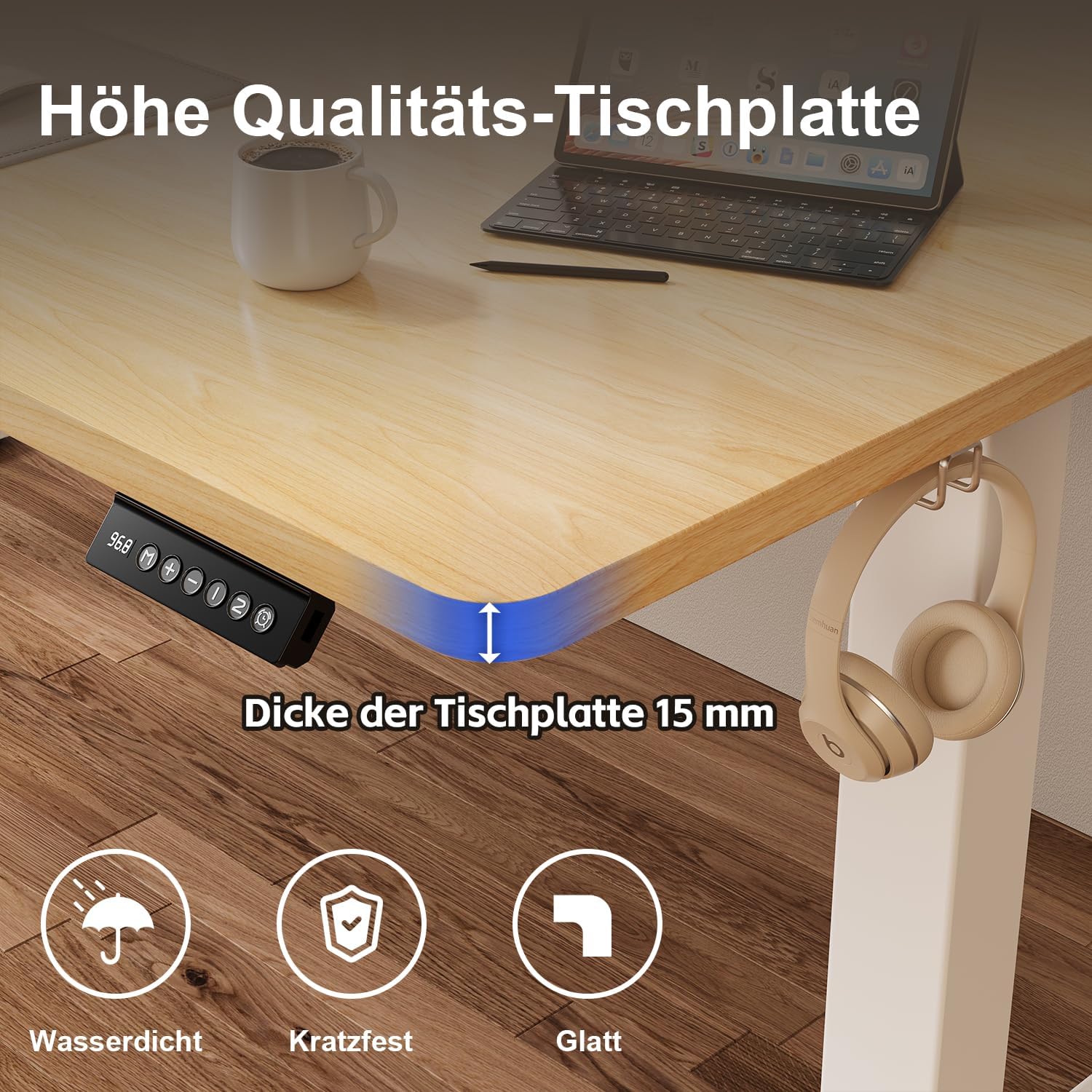 JUMMICO Elektrisch höhenverstellbarer Schreibtisch – Stehsitztisch mit Memory-Funktion & kompletter Tischplatte, Computertisch für Büro & Zuhause, 160 x 60 cm, Beige – Bild 6