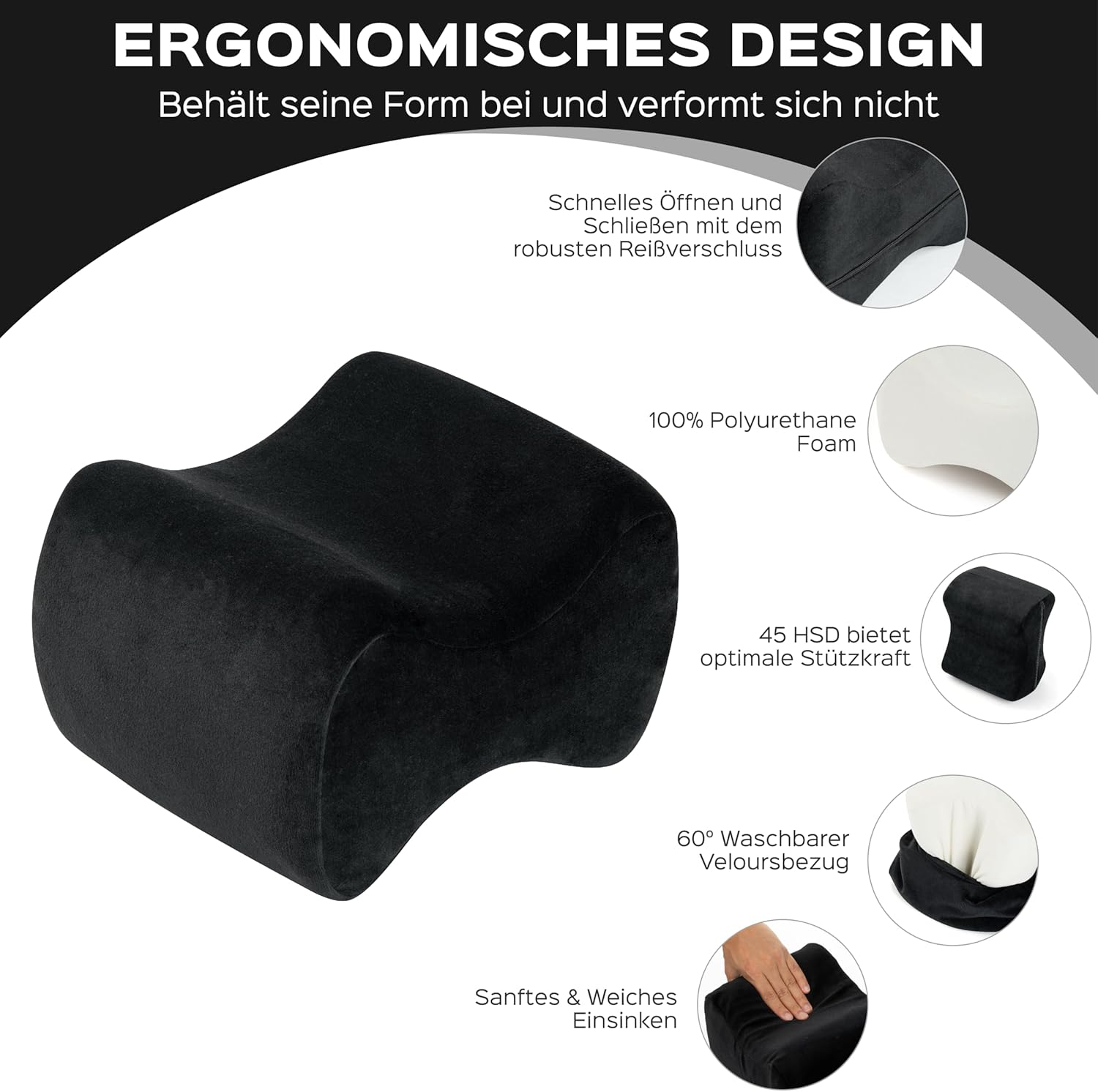 bonmedico Kniekissen für Seitenschläfer – Orthopädisches Kniekissen, Memory-Schaum, Beinkissen zur Linderung von Knie-, Rücken- und Hüftschmerzen, waschbarer Bezug – Wellness Schwarz, 20 x 25 x 15,7 cm – Bild 3