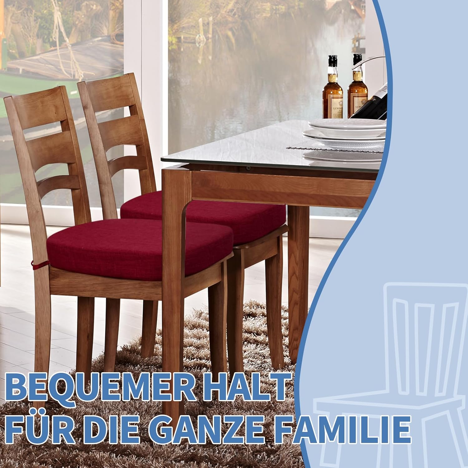 BUYUE Stuhlkissen 6,5 cm dick, U-förmiges Sitzkissen 40 x 40 cm mit hochdichtem Schaumstoff, Stoffbezug, rutschfeste Sitzunterlage für Küche und Esszimmer (1 Stück, rot) – Bild 3