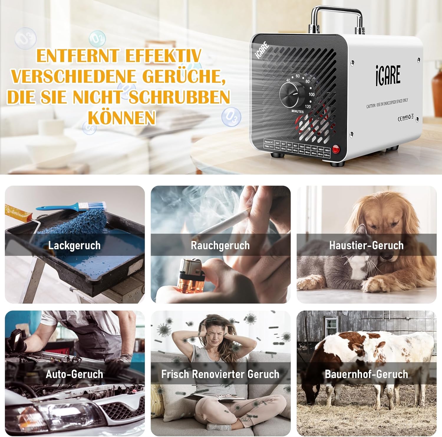 Ozongenerator 30.000 mg/h Ozongerät, Ozonisator Industrieller O3-Ozon-Luftreiniger mit 120-Min-Timer für 300㎡ Geruchsbeseitiger Geruchsneutralisator für Auto, Rauch, Haustiergerüche, Küchengerüche, Weiß – Bild 4