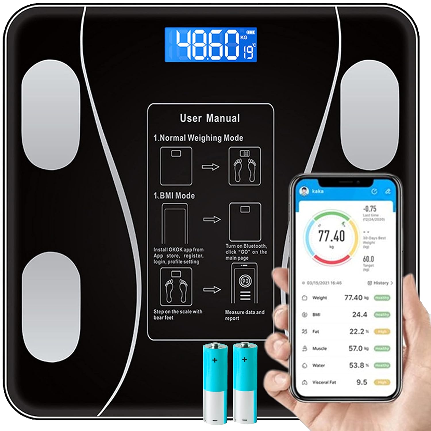 Retoo Personenwaage, Körperfettwaage, digital, mit Körperanalysewaage, kompatibel mit Tuya, Google Fit People, Bluetooth, gehärtetes Glas, für Muskelmasse, Körperfett, BMI, Wasser, Skelettmuskulatur, Schwarz