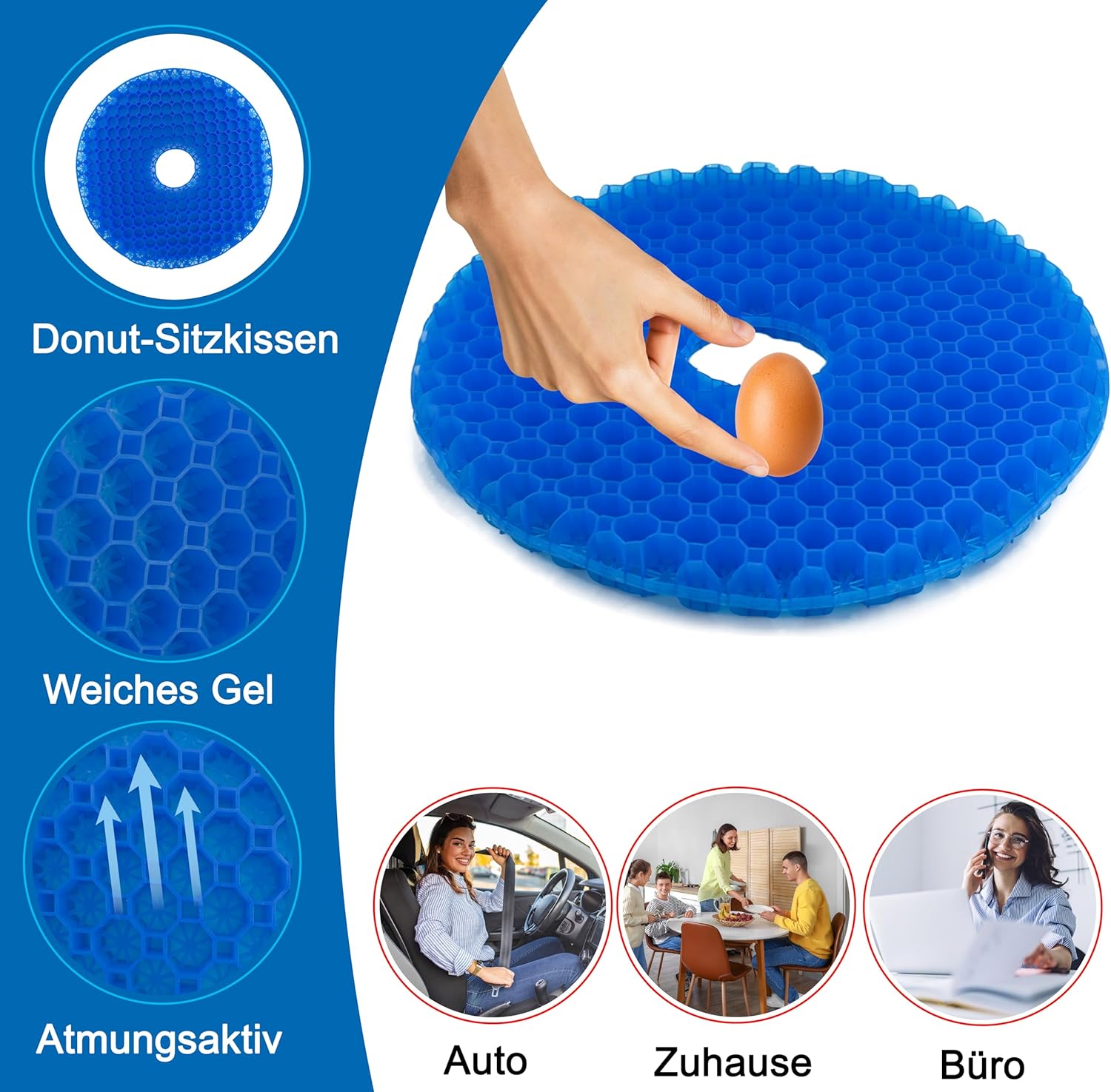 Gelkissen mit kühlender Gelschicht, Donut-Kissen gegen Steißbeinschmerzen, Autokissen, Sitzkissen rutschfest, orthopädisches Gesäßkissen für Hämorrhoiden, atmungsaktives orthopädisches Sitzkissen – Bild 3