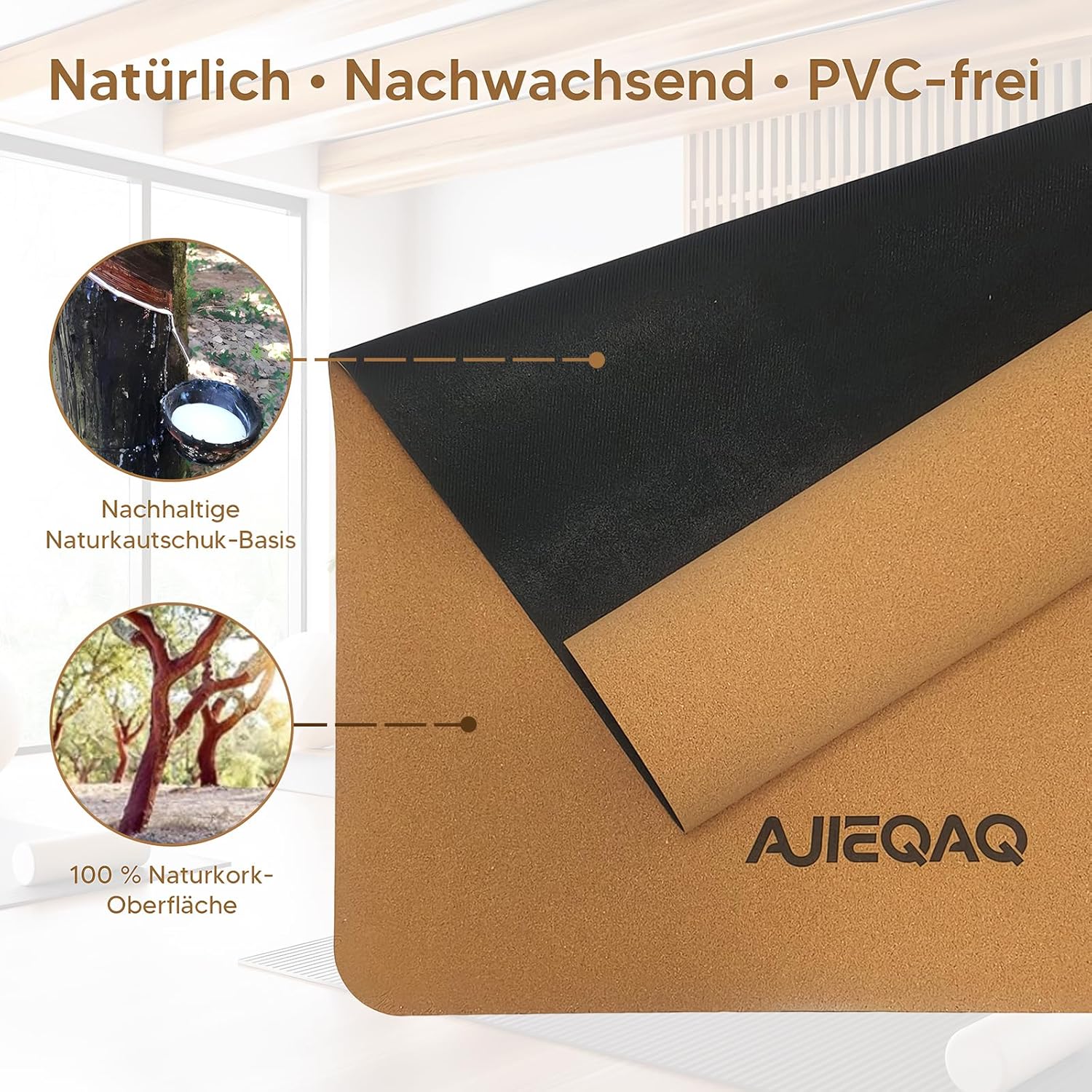 Premium Kork-Yogamatte aus Naturkautschuk – extra breit (183 x 80 cm) & 5 mm dick – rutschfeste XXL-Fitnessmatte für Yoga, Pilates & Gymnastik – gelenkschonend und formstabil – Bild 3