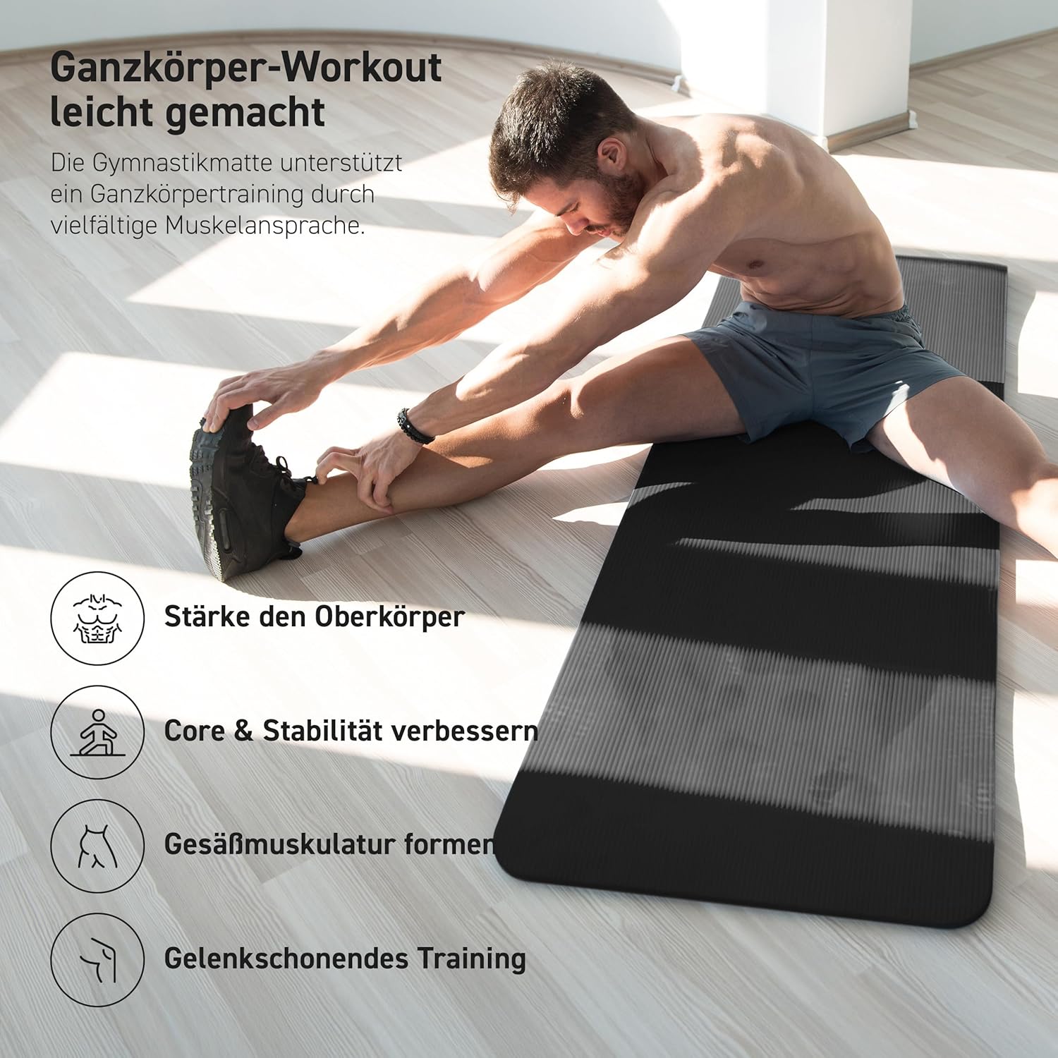 MSports Premium Gymnastikmatte inklusive Tragegurt + Übungsposter + Workout-App – hautfreundliche Fitnessmatte, 190 x 60, 80 oder 100 x 1,5 cm, verschiedene Farben, phthalatfreie Yogamatte, 190 x 100 x 1,5 cm – Bild 5