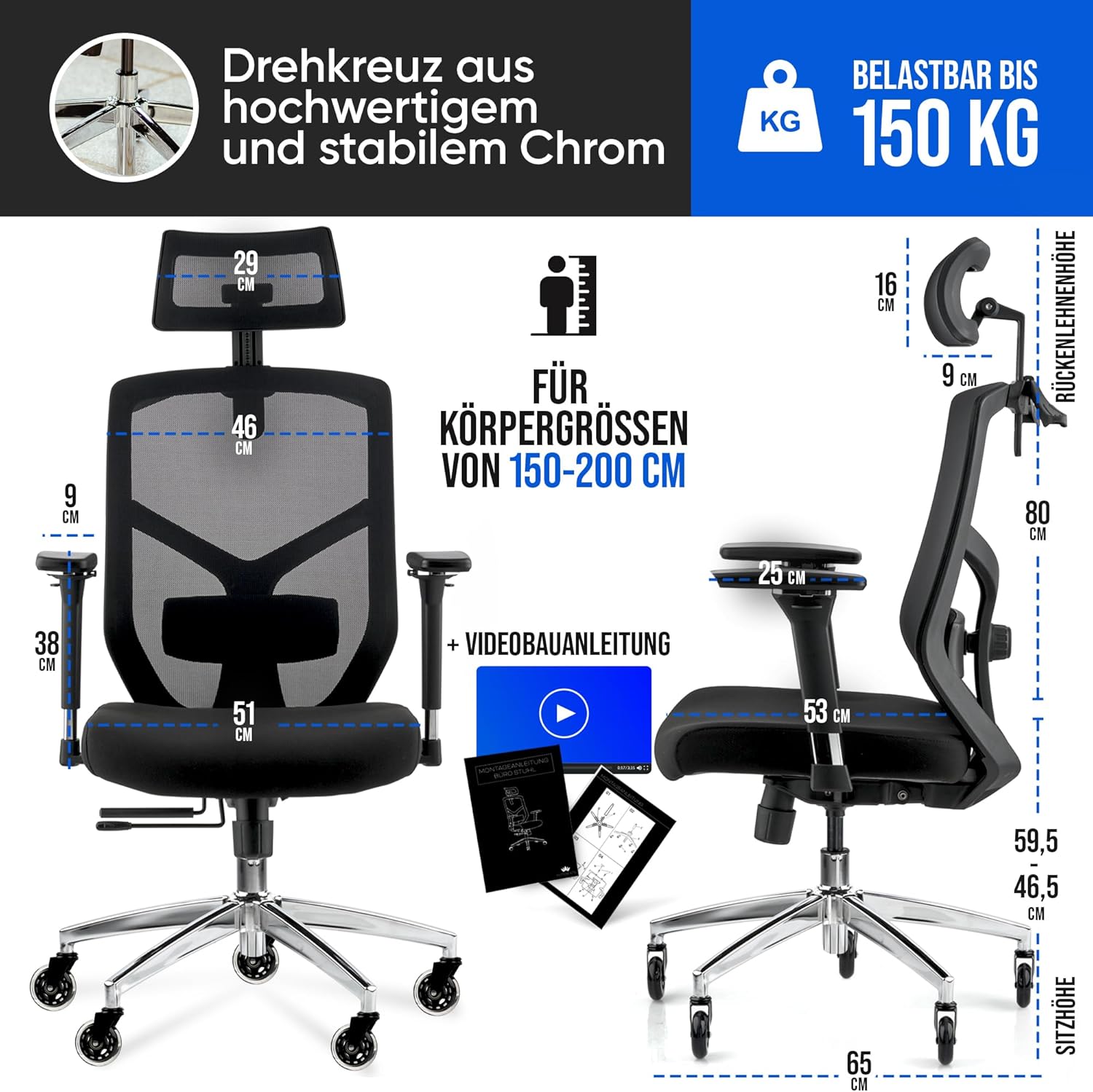 ELITESEATS Ergonomischer Bürostuhl (Testsieger), kratzfreie Rollen, atmungsaktiv, ergonomischer Schreibtischstuhl, Bürostuhl, 150 kg belastbar, Computerstuhl, Drehstuhl, Heimbürostuhl, ergonomisch – Bild 2