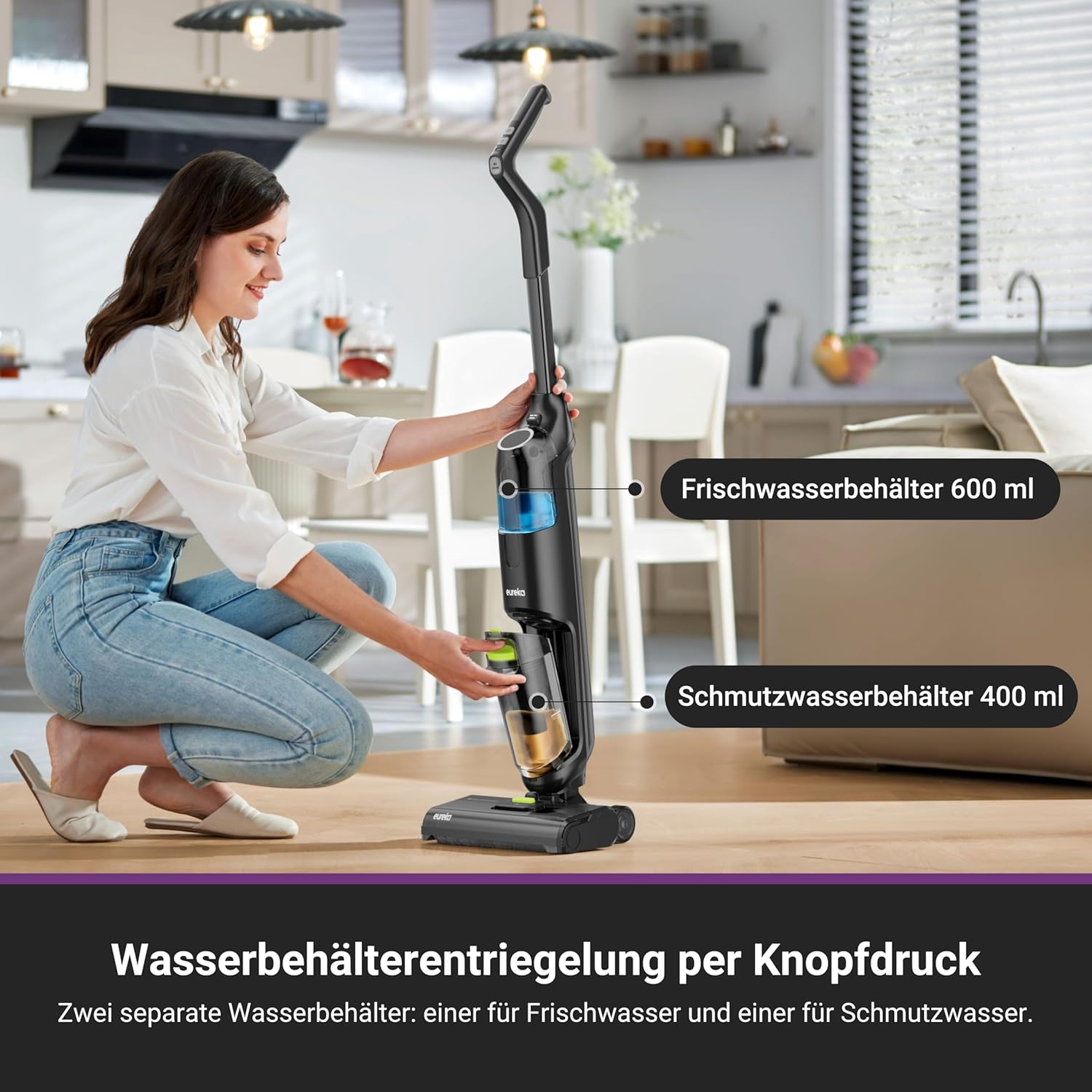 EUREKA NEW400 Nass-/Trockensauger kabellos, intelligenter Nass-Trockensauger mit Dual-Tank-Design, selbstreinigender Bodenreiniger, leichter Wischsauger kabellos für Hartböden, Tierhaare, Essensreste – Bild 7