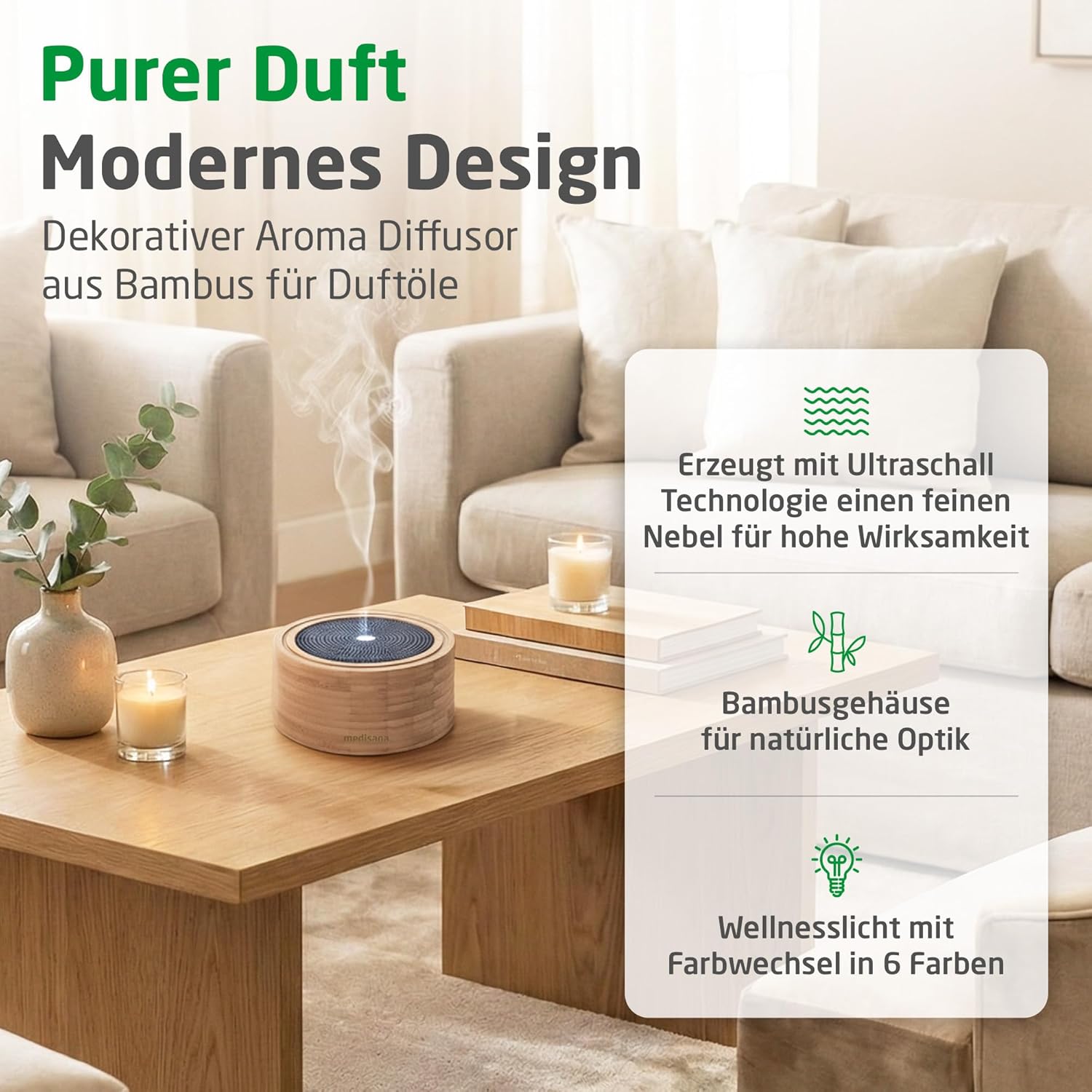 Medisana AD 625 Aroma-Diffusor aus Bambus, Holzzerstäuber mit Spa-Licht in 6 Farben, für ätherische Öle, Duftlampe mit Timer, 100 ml – Bild 2