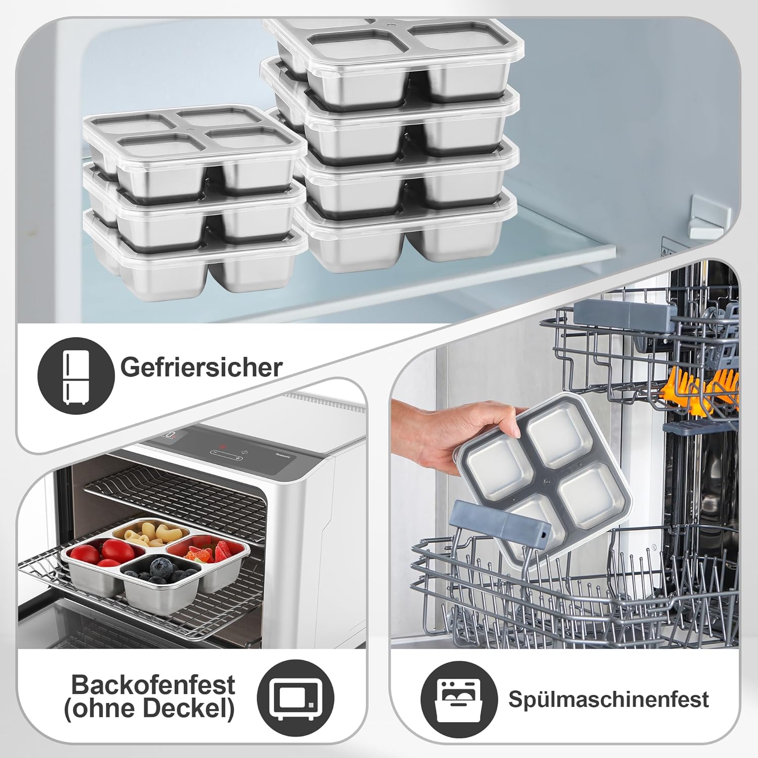 Misichao Snackbehälter, Snackbox Kinder mit 4 Fächern, Edelstahl-Brotdose mit grauem Deckel, wiederverwendbarer Meal-Prep-Lunchbehälter für Kinder und Erwachsene, für Schule, Arbeit – Bild 6