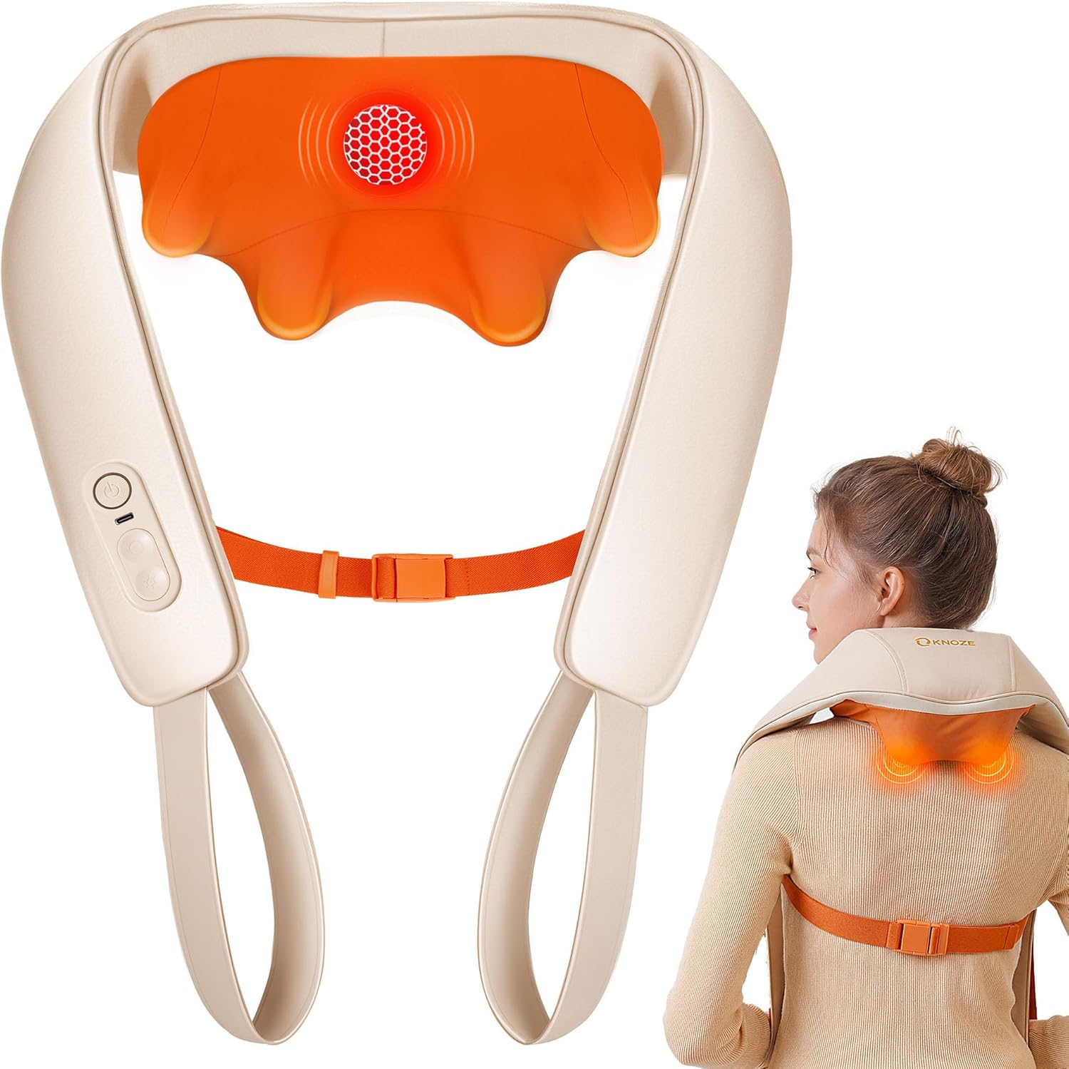 KNQZE Shiatsu-Massagegerät 4D, 2025, kabelloses Nackenmassagegerät mit Wärme, verbesserte Graphen-Erwärmung, 4D-Shiatsu-Tiefknet-Nackenmassage für Nacken, Schulter, Rücken, Geschenke für Männer, Beige