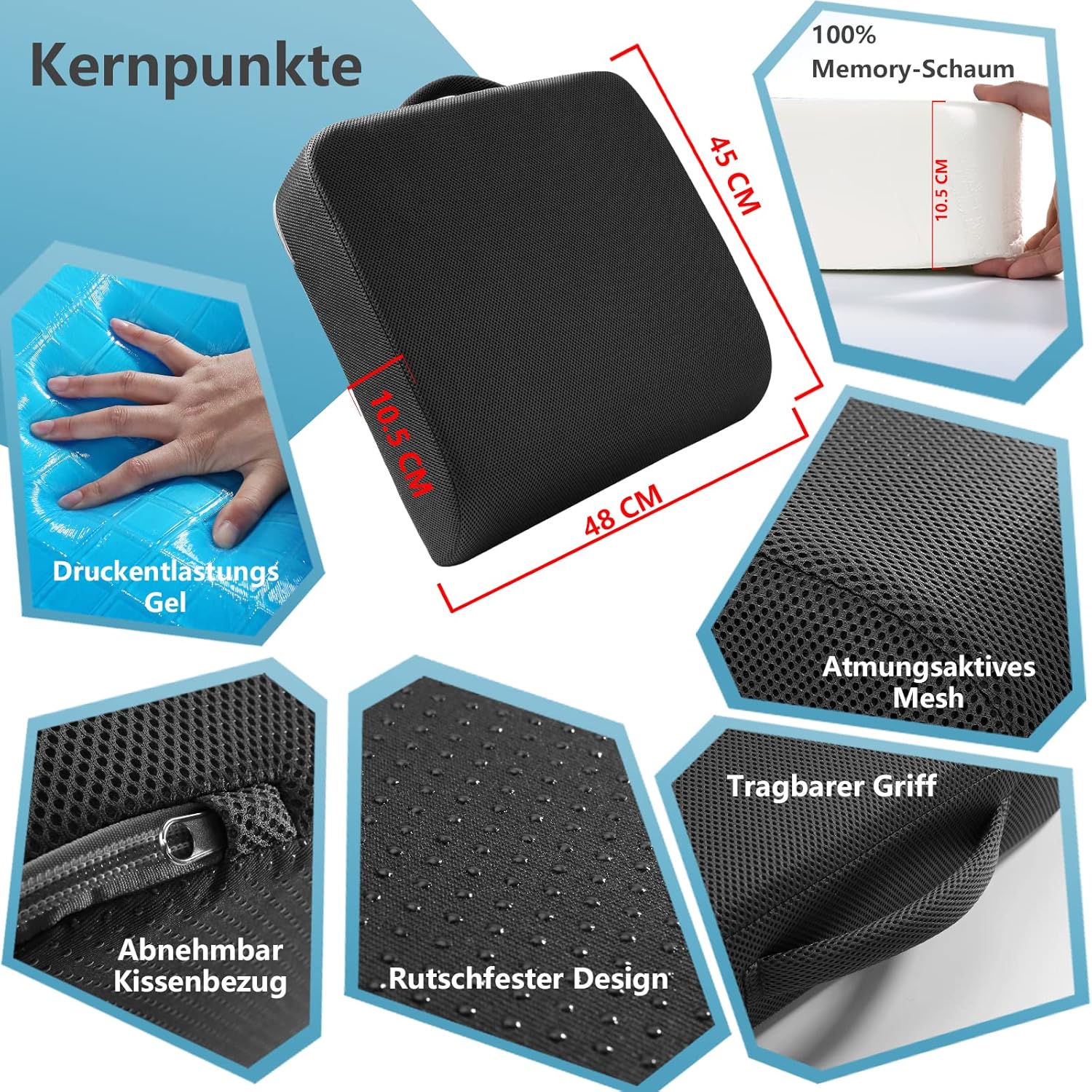 YOUFI Großes Sitzkissen, 10,5 cm, dicker Memory-Schaum für Bürostuhl, mit Kühlgel für Ischias, Steißbein, Rücken, dickes Kissen, 48 x 45 x 10,5 cm (schwarz) – Bild 2
