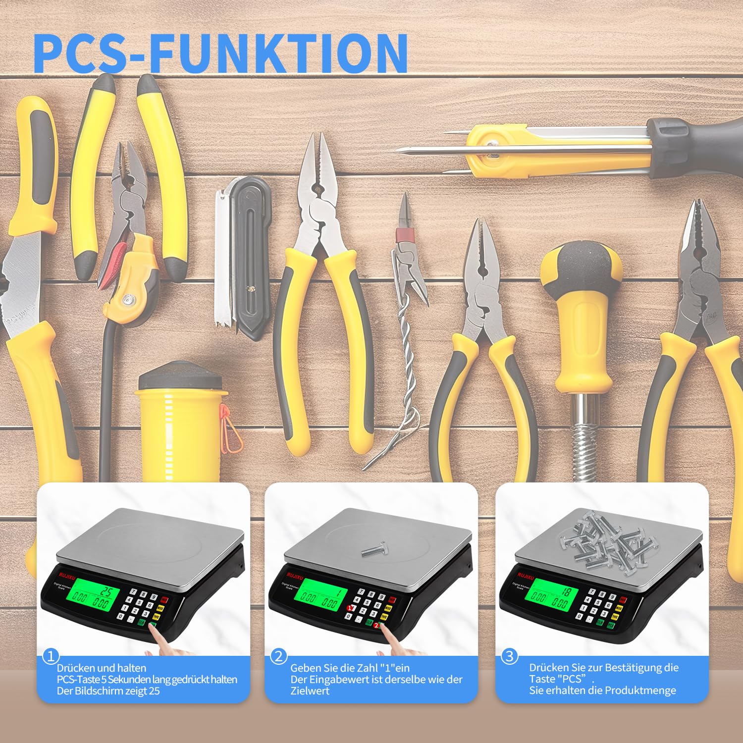 Digitale Küchenwaage, 30 kg, Edelstahl, digitale Waage mit LCD-Display und Tara-Funktion, digitale Präzisionswaage mit PCS-Zählwaage, 3-Einheiten-Umrechnung – Bild 6