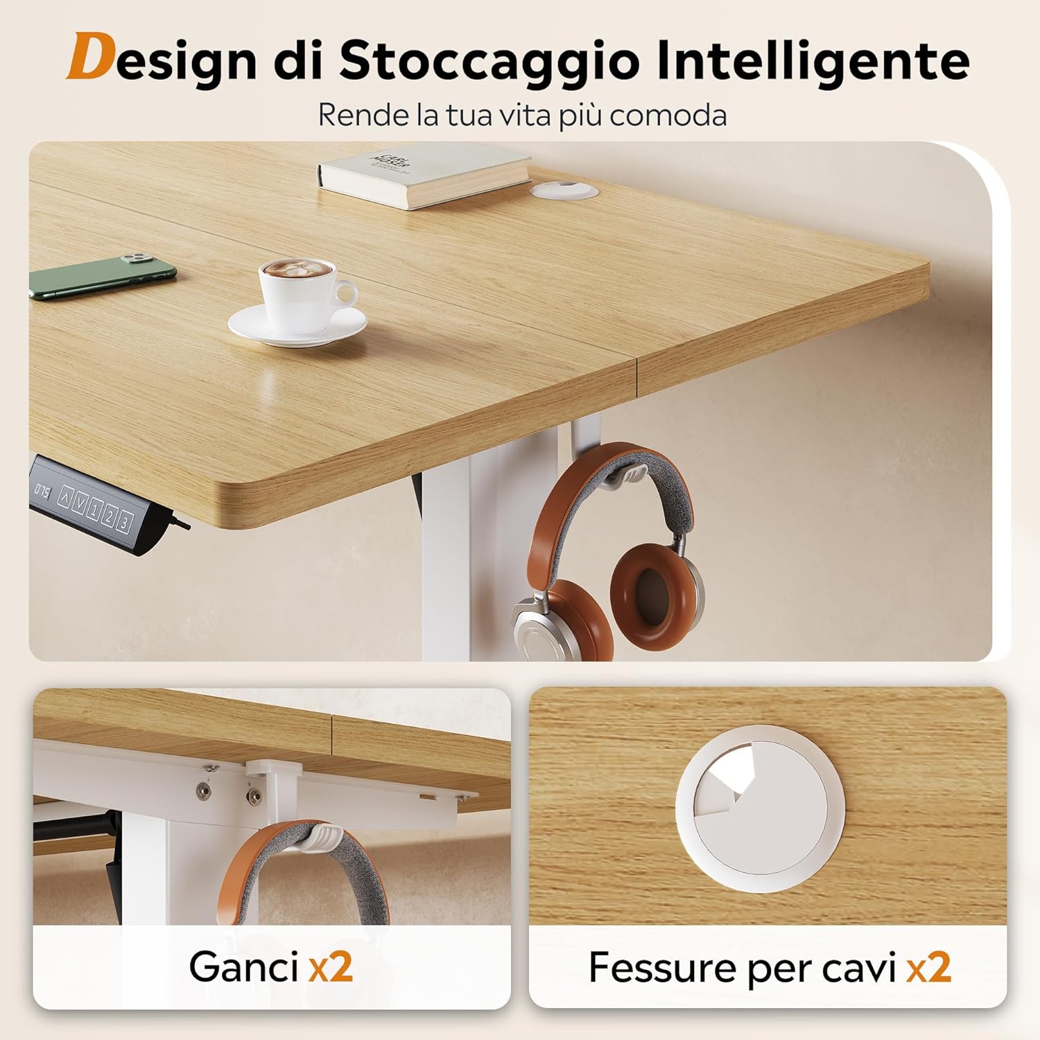 DEVAISE Höhenverstellbarer Schreibtisch, 140 x 70 cm, mit leisem Motor und Memory-Funktion für 3 Höhen, Sitz-Steh-Schreibtisch, Höhenverstellung 72-118 cm, ergonomischer Computertisch für Büro, Farbe Eiche – Bild 4