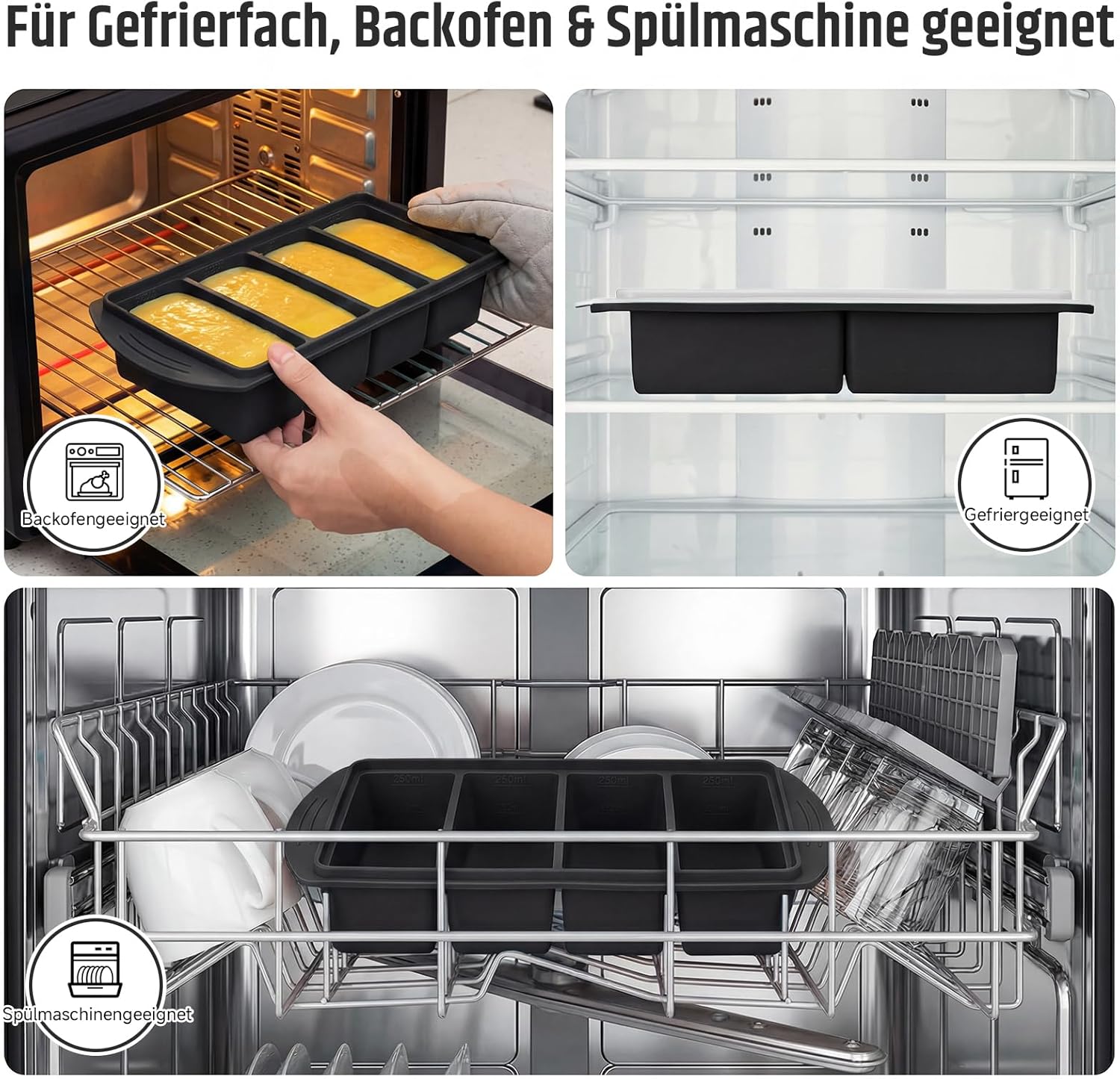 Silikon-Gefrierform mit Deckel-Set (2 + 4 Fächer) – Gefrierbehälter & Schaufel mit Skala 250–500 ml für Suppe, Saucen & Essenszubereitung, auch als Eiswürfelform verwendbar, BPA-frei, stapelbar (schwarz) – Bild 3