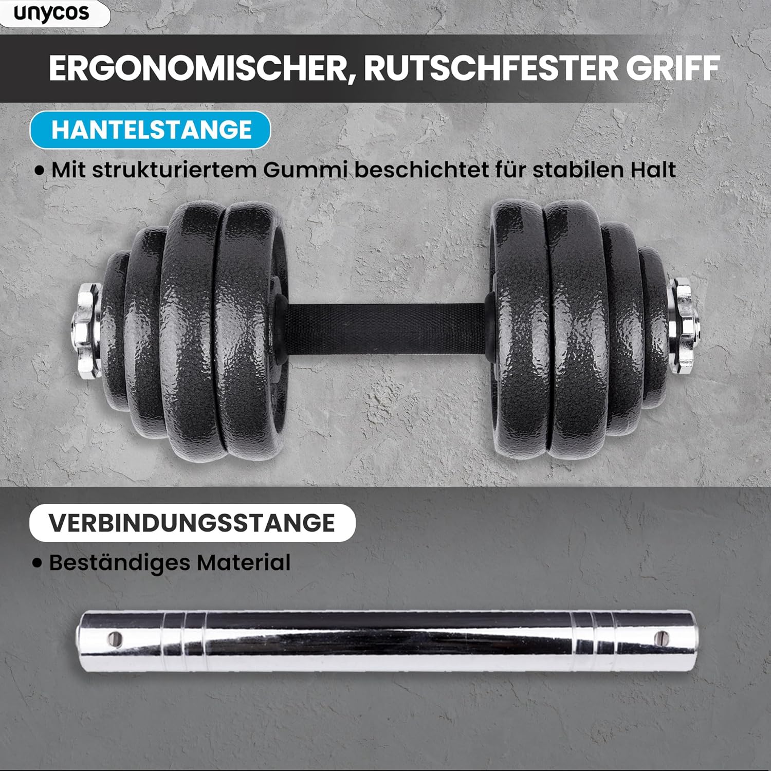 unycos – 2-in-1-Hanteln und Langhantel, verstellbar (15–50 kg), mit Übungs-E-Book, Gewichtsset mit Verbindungsstange und Eisenplatten, Aufbewahrungskoffer, Heim-Fitnessstudio (Eisentransformator) – Bild 6