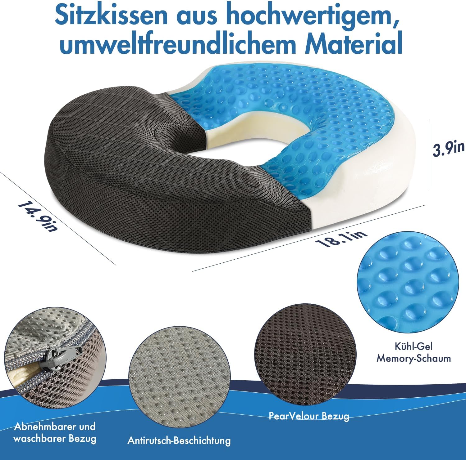 SKYNY Gel-Donut-Sitzkissen aus Memory-Schaum – ergonomisches Sitzring-Design für gleichmäßige Druckverteilung – Sitzring-Sitzkissen für langes Sitzen im Büro, Heimbüro, Auto und im Alltag – Bild 2