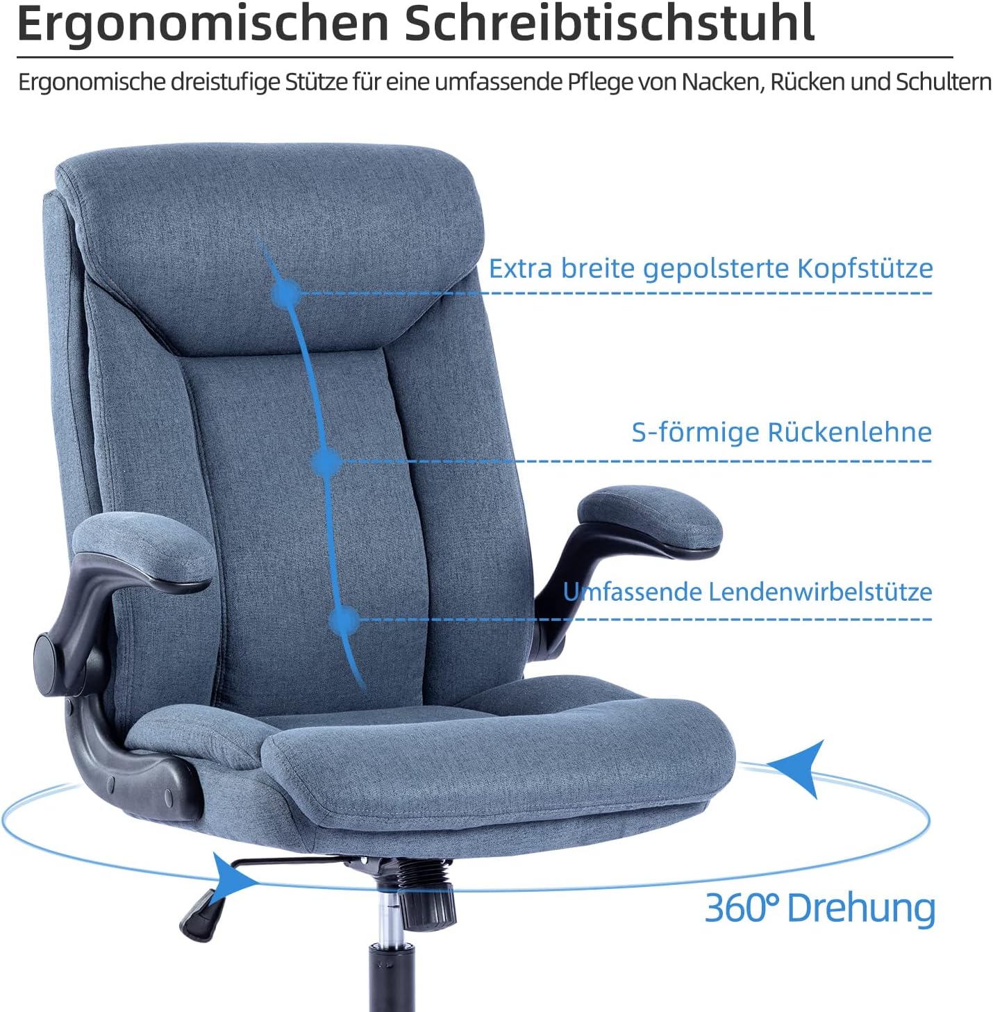 MZLEE Ergonomischer Bürostuhl, Computerstuhl, Schreibtischstuhl, drehbarer Arbeitsstuhl mit hochklappbarer Armlehne, höhenverstellbar, bequem für Büro, Zuhause, Gaming (Marineblau) – Bild 5