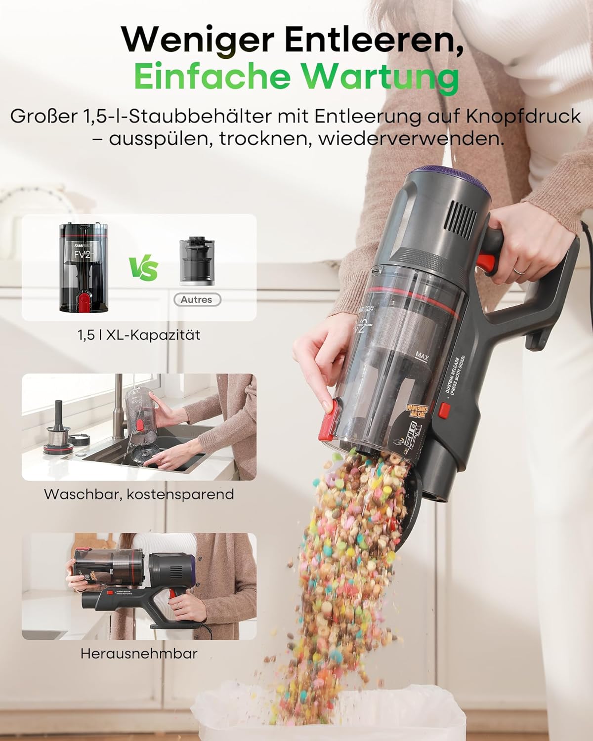 FAMIVAC FV2 Staubsauger mit Kabel, 65Kpa/600W Staubsauger Beutellos mit Matratzenbürste, 1,3KG Leichtgewicht, 7M Kabel, 60dB Leise, 1,5L, Selbststehend, Anti-Tangle-Bürste für Teppich/Boden/Tierhaare – Bild 12