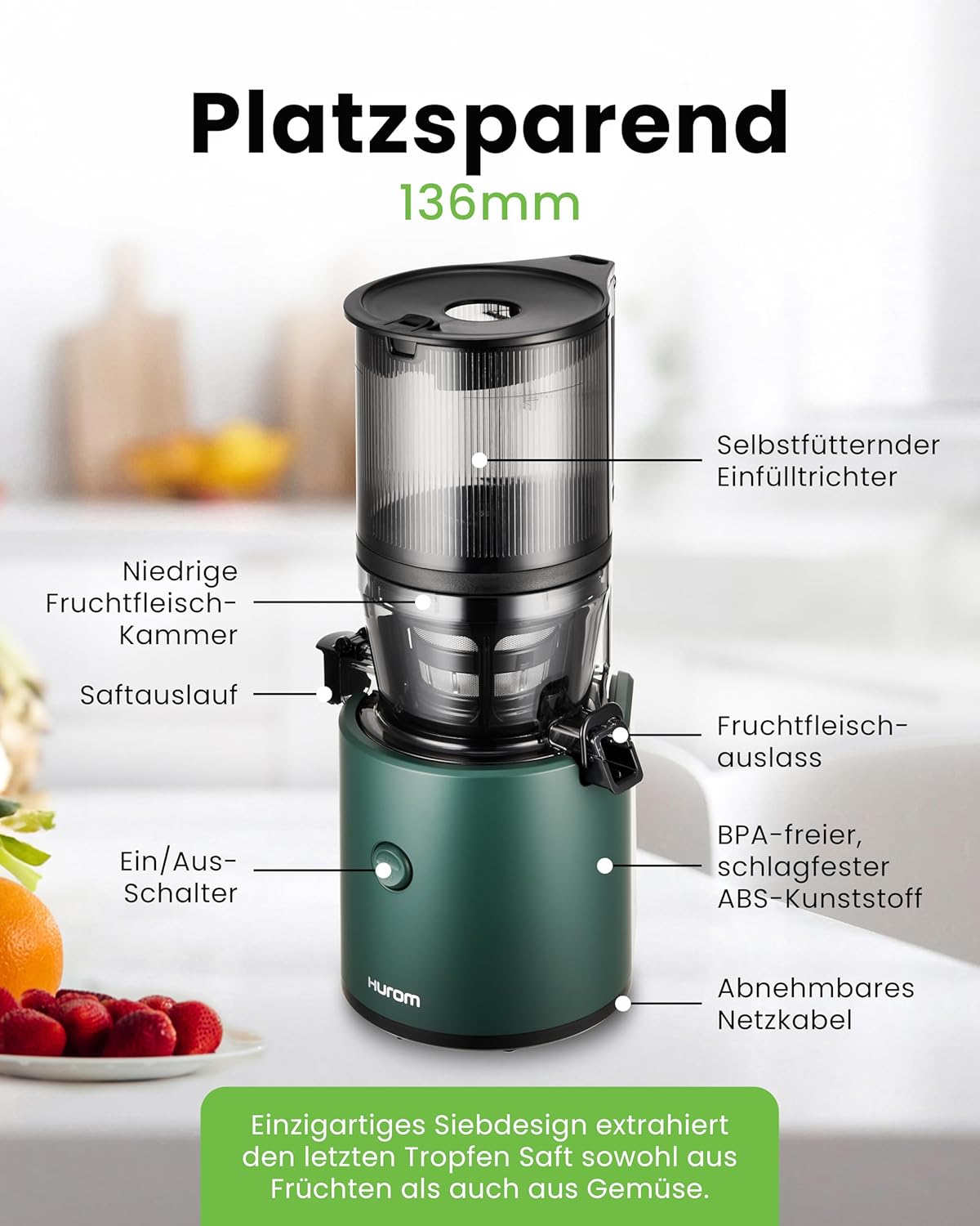 Hurom Slow Juicer | Entsafter für Gemüse und Obst | H320N | Elektrische Kaltpresse | Leiser Motor | Leicht zu reinigen mit großem Behälter und Siebfilter 2 L | 200 Watt | BPA-frei | Dunkelgrün – Bild 7