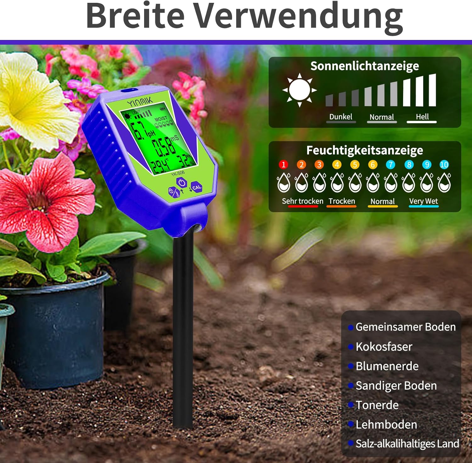 pH-Leitfähigkeitsmessgerät für Boden und Wasser, Pflanzen pH-Feuchtigkeitsmessgerät, Boden-pH-EC-Messgerät, 6-in-1-Bodentestkits für pH-Feuchtigkeit, Leitfähigkeit, Licht, Luftfeuchtigkeit, Temperatur – Bild 2