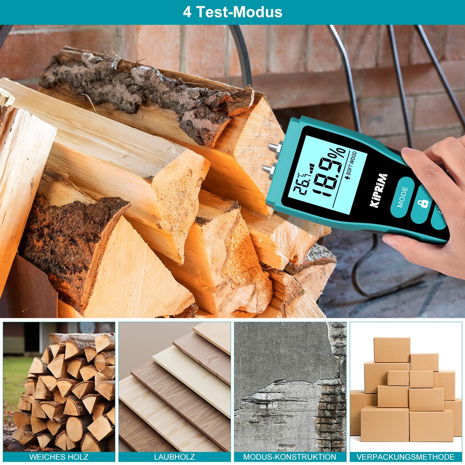Kiprim Feuchtigkeitsmessgerät mit Stiften für Holz, Wand, Beton, Karton – Digitales Holzfeuchtemessgerät mit LCD, Temperaturanzeige (°C/°F), Haltefunktion, 4 Modi, Ersatzsonden WM02 – Bild 4