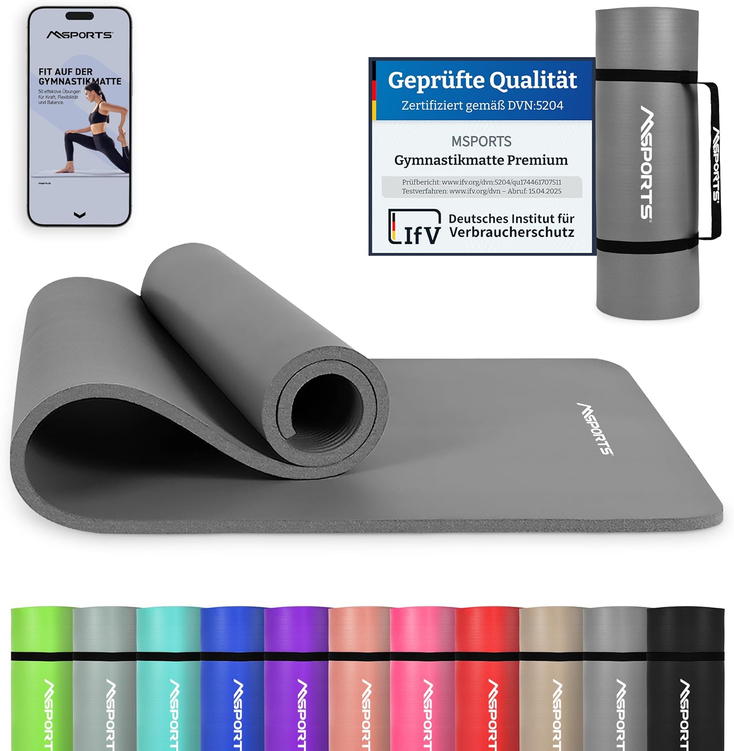 MSports Premium Gymnastikmatte inklusive Tragegurt + Übungsposter + Workout-App – hautfreundliche Fitnessmatte, 190 x 60, 80 oder 100 x 1,5 cm, verschiedene Farben, phthalatfreie Yogamatte, grau, 190 x 80 x 1,5 cm