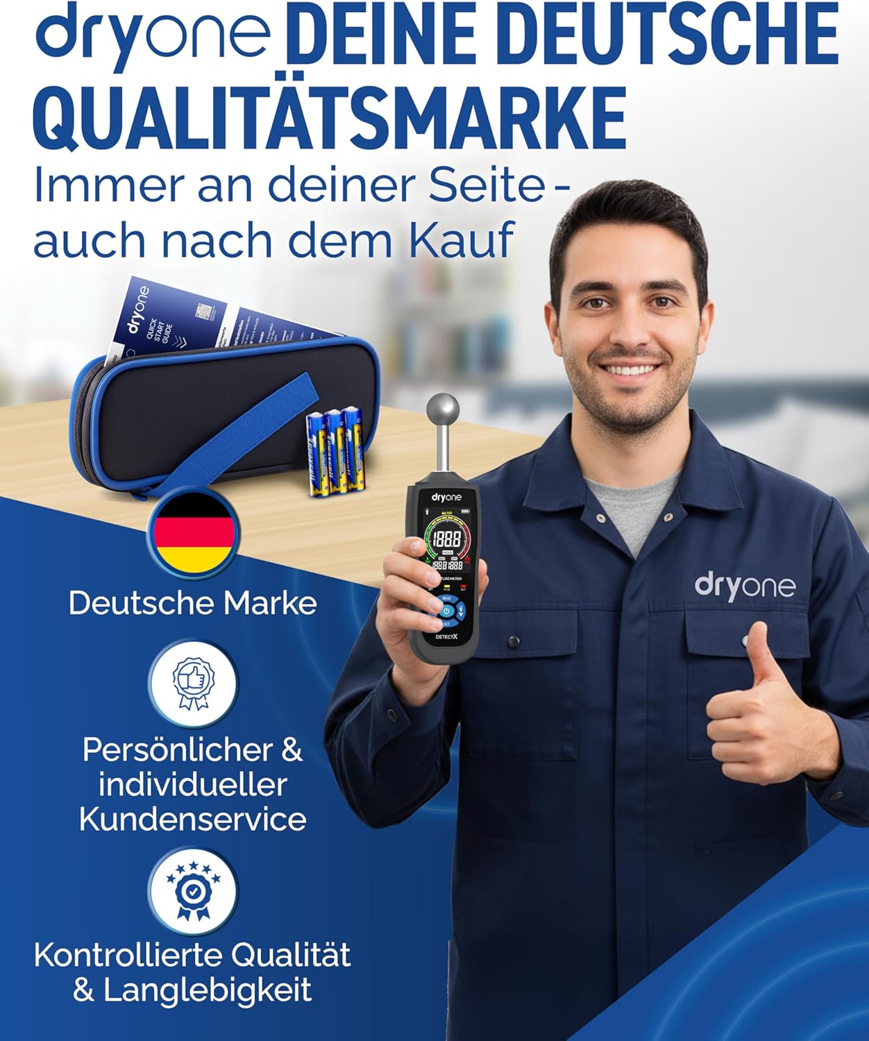 DryOne DetectX Feuchtigkeitsmessgerät für Wand, Holz, Mauerwerk, Estrich & Beton – Zuverlässige Messung & einfache Bedienung – Feuchtigkeitsmessgerät & Wandfeuchtemessgerät gegen Schimmel & Schäden – Bild 7
