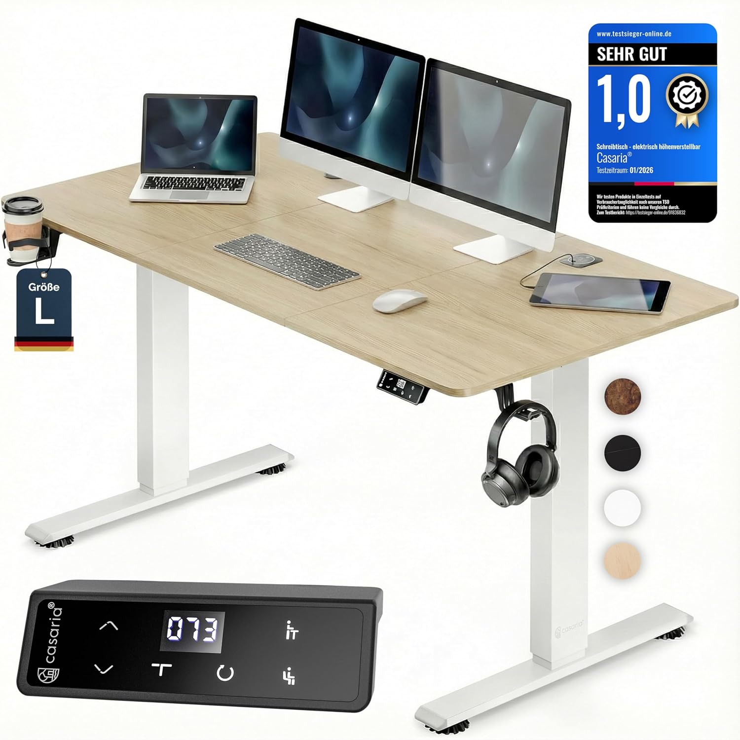 Casaria Höhenverstellbarer elektrischer Schreibtisch 140 x 70 cm mit kabellosem Ladegerät & USB-C/A-Anschluss, LCD-Display, Memory-Funktion, 80 kg Tragkraft, ergonomisch, Beige