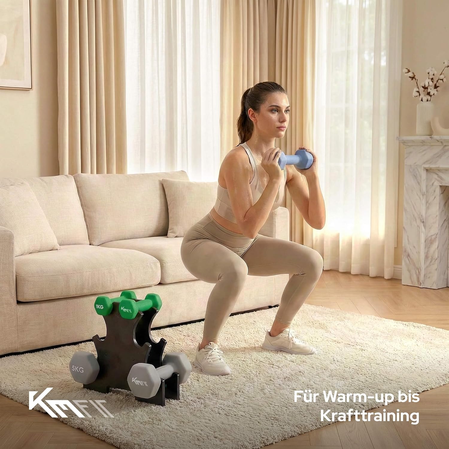 KM-Fit Hantelset 18 kg mit Ständer, Neoprenhanteln 1-5 kg, Gusseisen, ergonomischer Griff, rollsicheres Fitness- & Krafttraining für das Home Gym – Bild 8