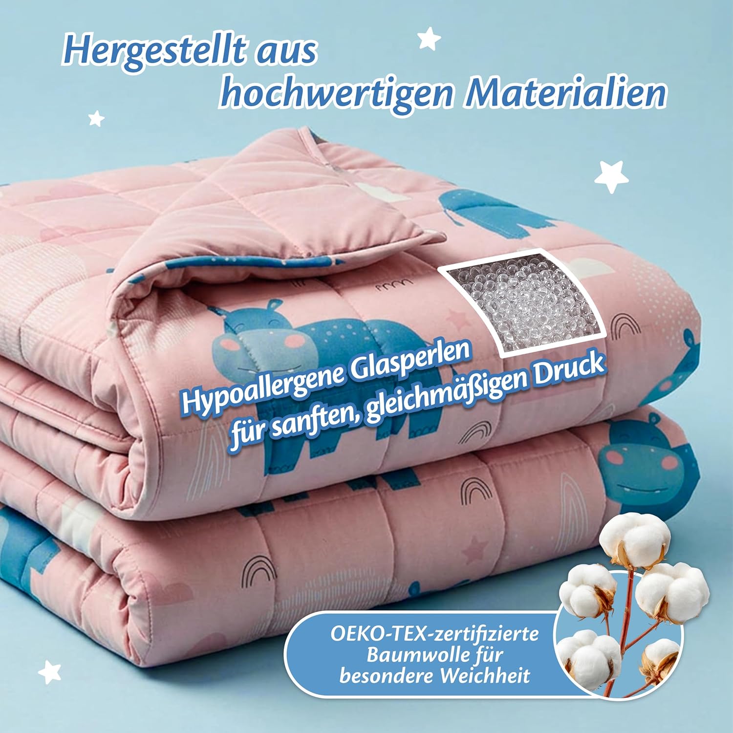 Ella Gewichtsdecke für Kinder, 2,4 kg, 90 x 120 cm – Therapiedecke zum Stressabbau und bei Angstzuständen, hypoallergene Glasperlen, weiche und kühlende Baumwoll-Außenschicht für Kinder von 15–25 kg – Nilpferd – Bild 6