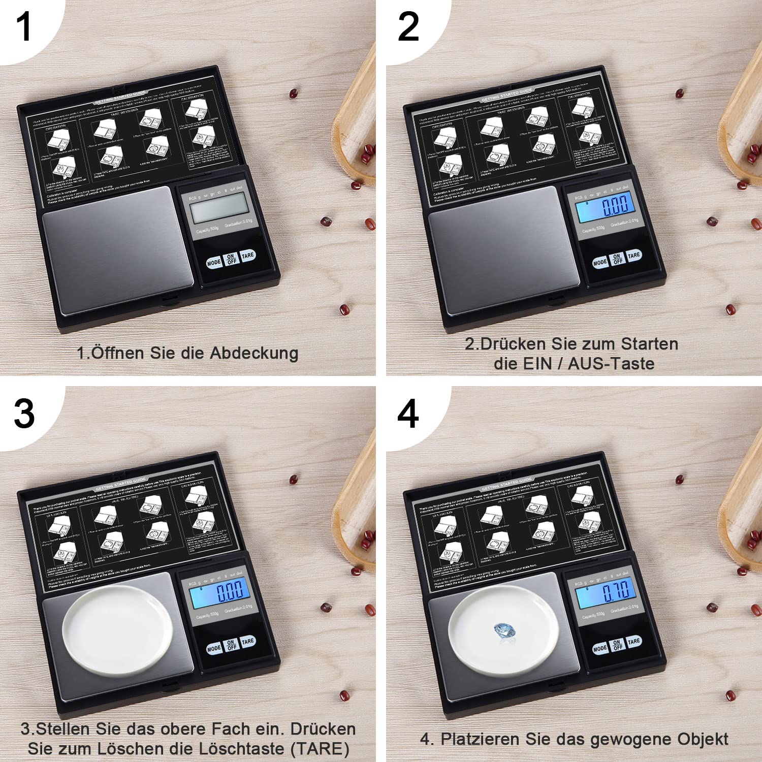 Diyife Taschenwaage 500 g / 0,01 g (Neue Plattform), Präzisions-Mini-Küchenwaage, Digitalwaage, Goldwaage, Münzwaage, LCD-Display, Multifunktion für Küche, Schmuck, Tee, Hefe, Kaffee – Bild 5