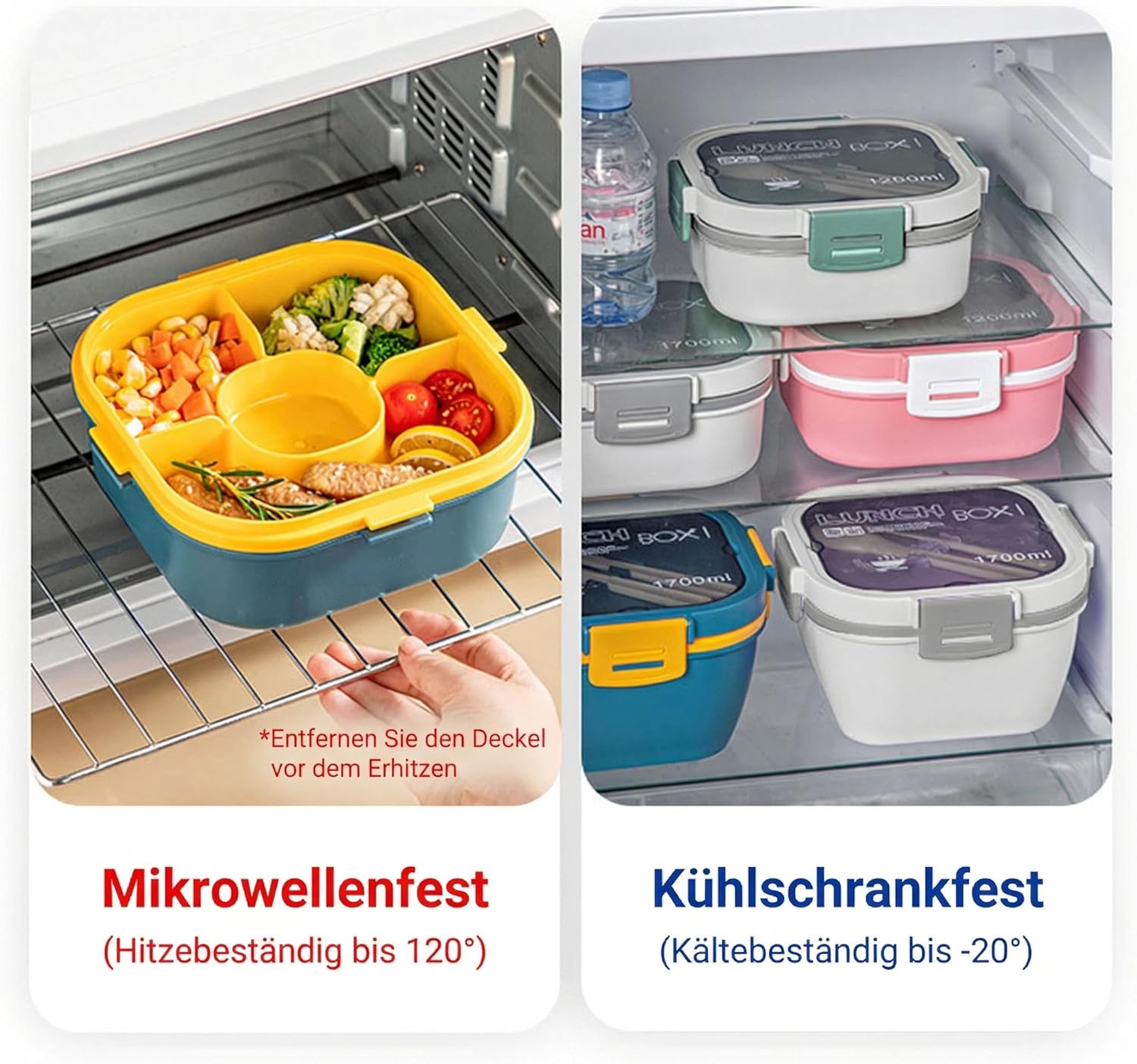 URMONA Salatbox mit Fächern & Besteck, Lunchbox auslaufsicher für Erwachsene & Kinder, Bento Box To Go für Schule, Arbeit, Büro, Lunchbox für Picknick, Reisen, Essenszubereitung (1700 ml, Blau) – Bild 3