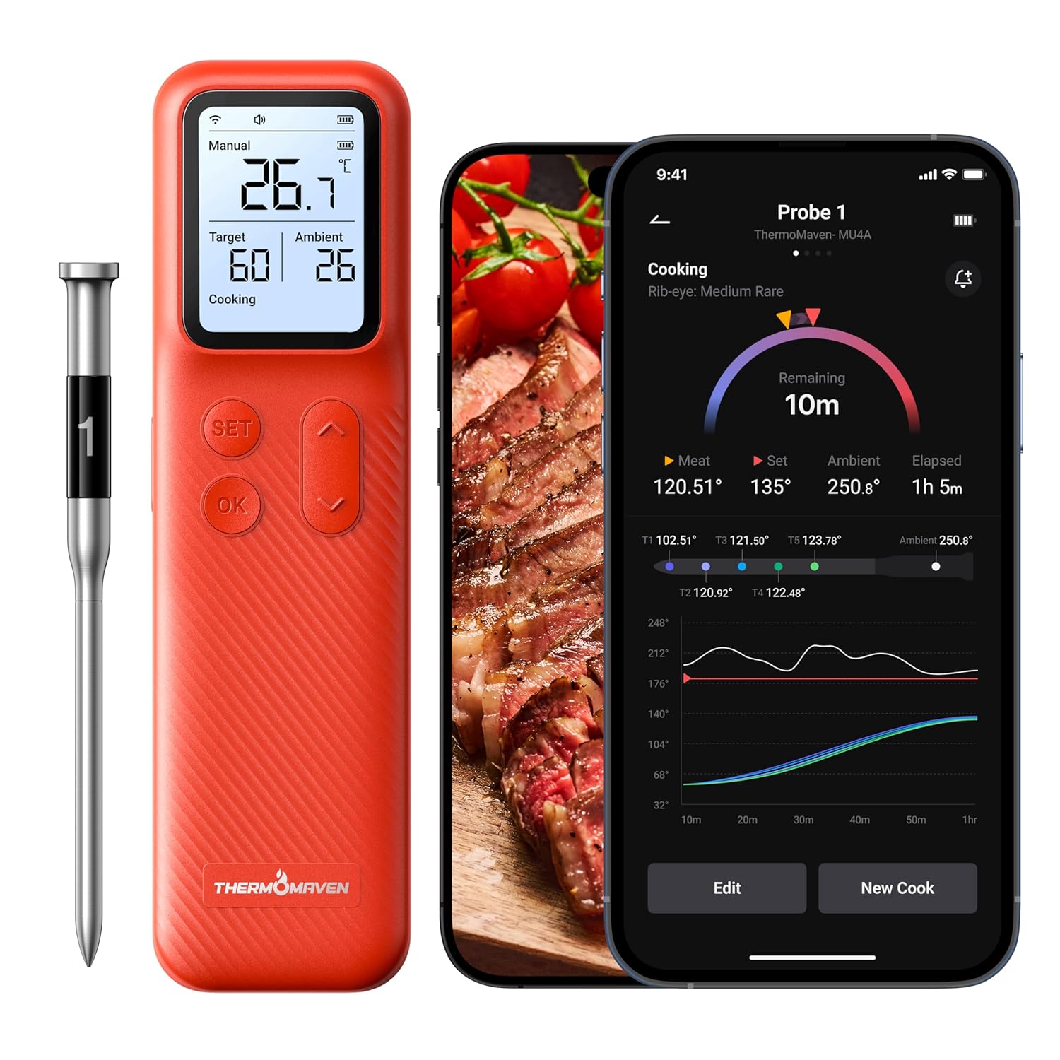 ThermoMaven P1 Fleischthermometer kabellos – WLAN und Bluetooth 5.3, 6 Sensoren, ±0,3 °C präzise, IPX8 wasserdicht, 48-Stunden-Akku, App-Steuerung, NIST- und NSF-zertifiziert, Grillthermometer, Bratenthermometer