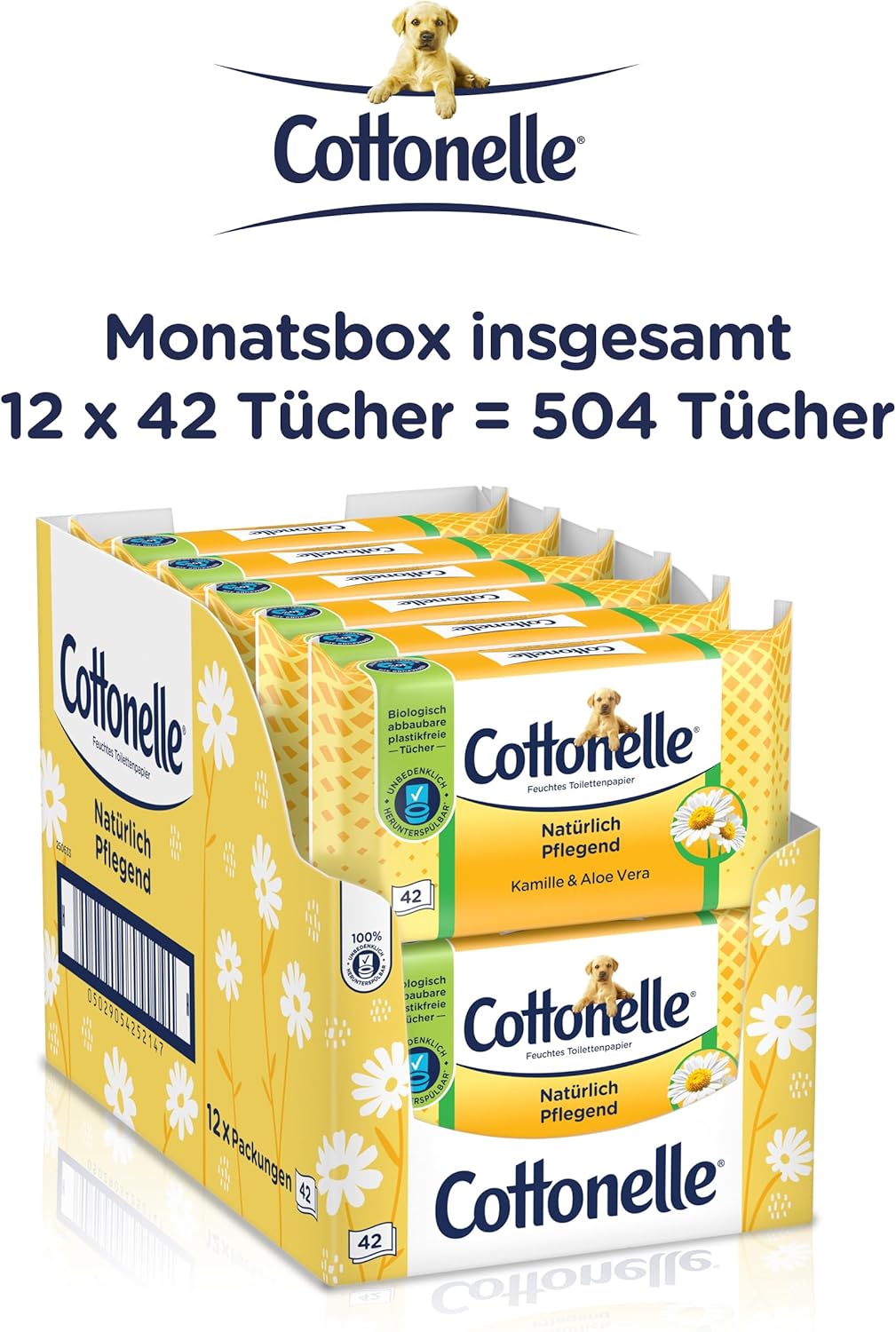 Cottonelle Feuchtes Toilettenpapier, natürlich pflegend – Kamille und Aloe Vera, biologisch abbaubar, plastikfrei, wiederverschließbar, Vorteilspackung, 12 x 42 Feuchttücher – Bild 7