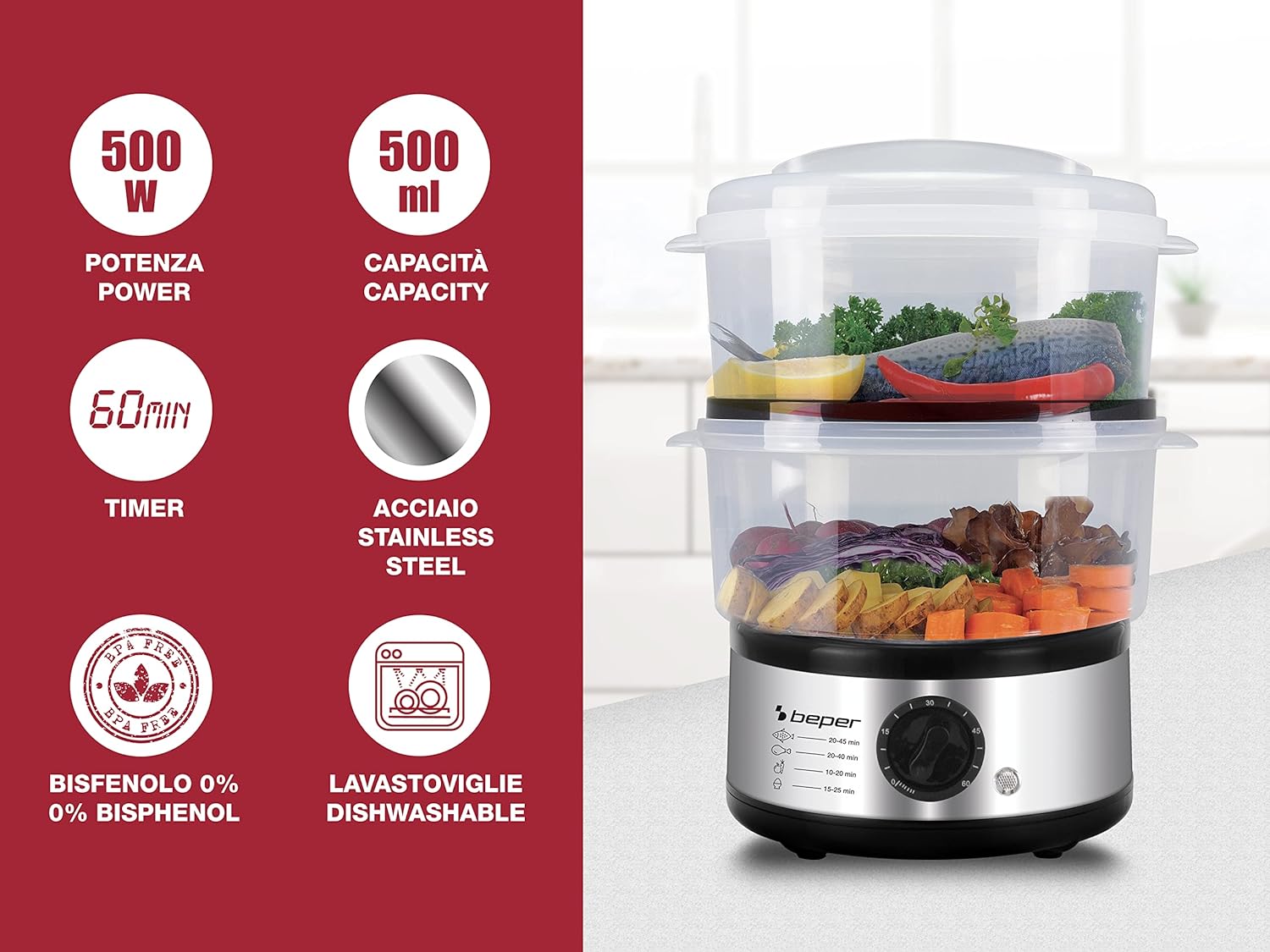Beper – 5 l Multifunktions-Dampfgarer, kompakte Aufbewahrung, 60-Minuten-Timer, Leistung 400–500 W, – Silber und Schwarz – Bild 2