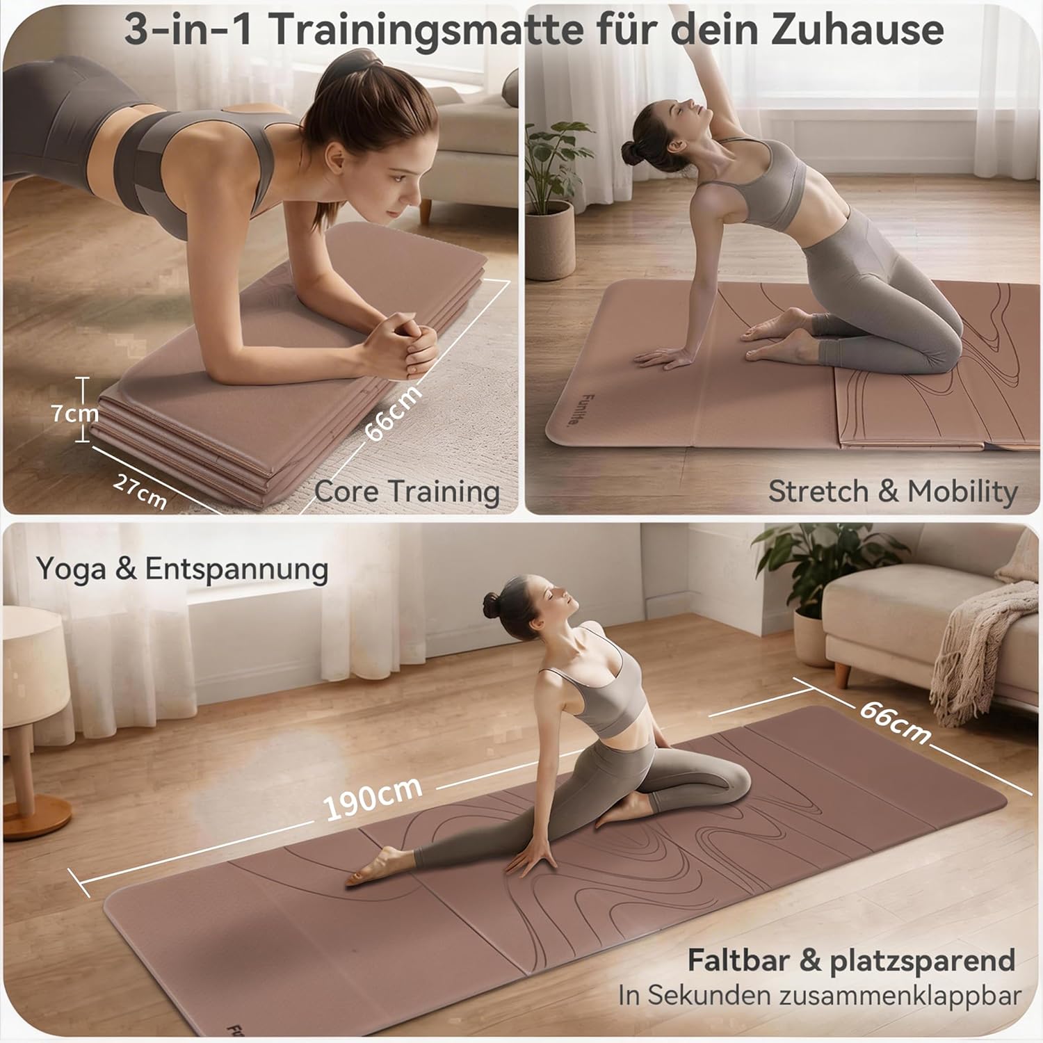 FunLife faltbare Yogamatte 10 mm – extra dicke Fitnessmatte für Yoga, Pilates & Gymnastik, rutschfeste Trainingsmatte, platzsparend, faltbar, für drinnen und draußen – Bild 3