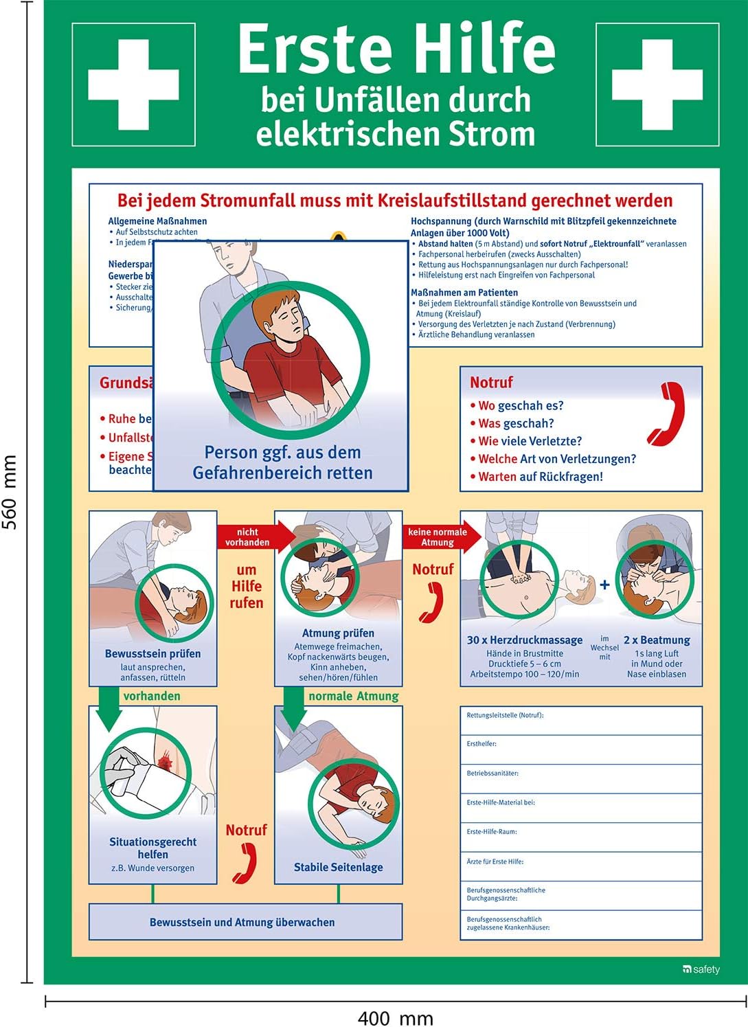 Erste-Hilfe-Schild bei Stromunfällen 400 x 560 mm – Erste-Hilfe-Leitfaden, Einsatzschild aus Hart-PVC, Rettungsschild, ein- oder beidseitig, Sicherheitskennzeichnung DIN EN ISO 7010 – Bild 2