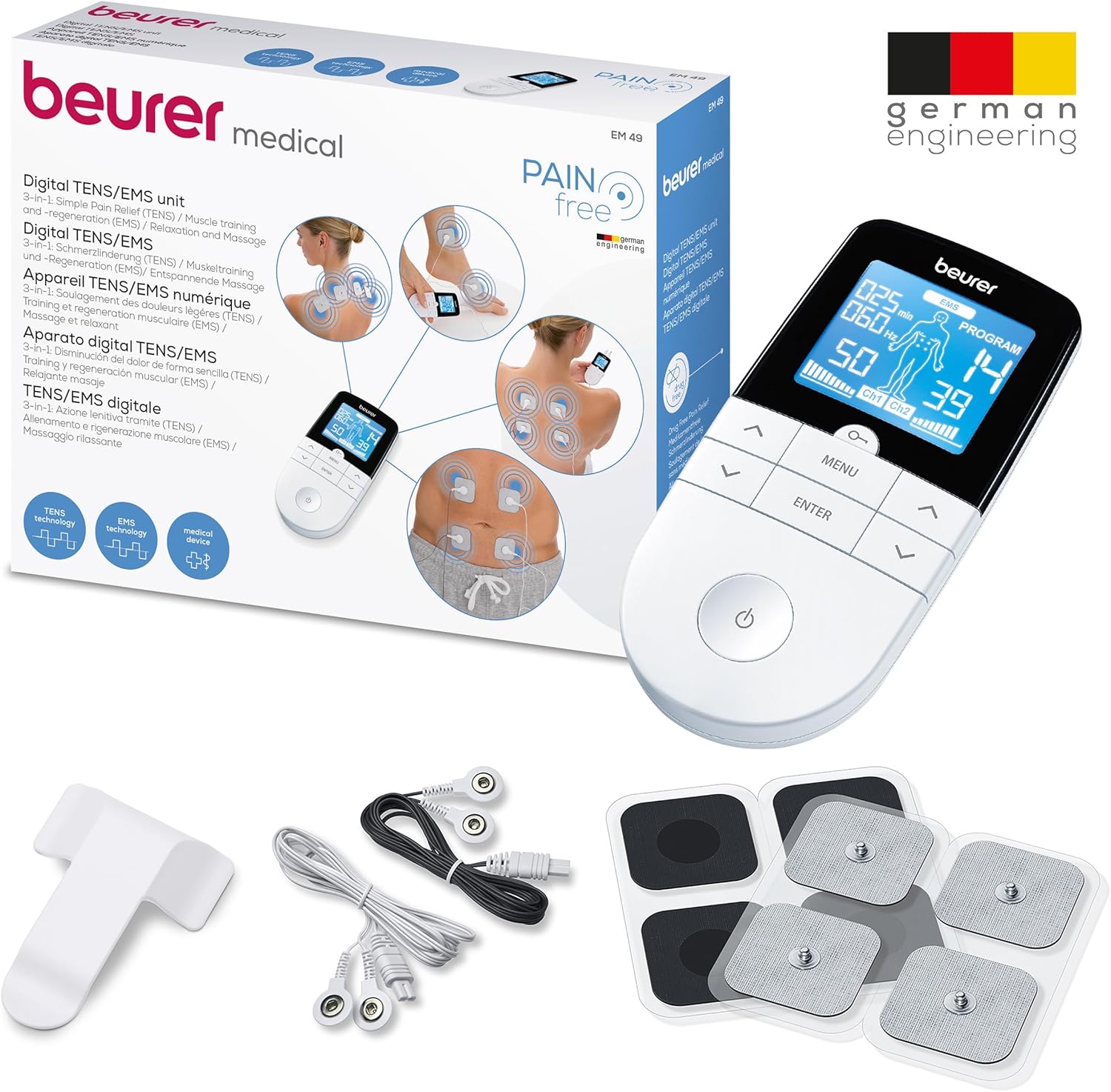 Beurer EM 49 Digitales TENS/EMS, 3-in-1 Elektrostimulationsgerät zur Schmerzlinderung durch elektrische Nervenstimulation, Training durch elektrische Muskelstimulation, Massagefunktion, inklusive 4 Elektroden – Bild 9