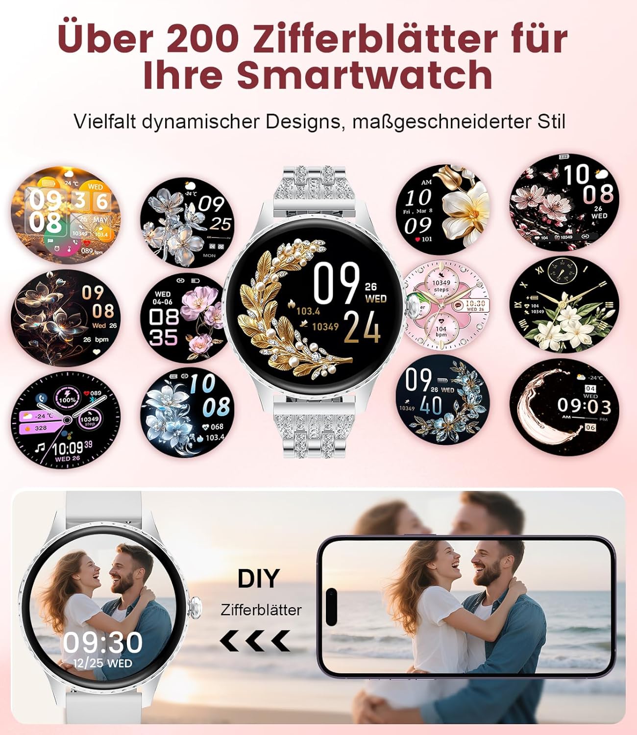 Damen-Smartwatch – luxuriöses Metallarmband mit Strasssteinen/1,32 Zoll HD AMOLED-Display/270+ Zifferblätter, Fitnessuhr mit über 110 Sportmodi, Schlaf-Tracking, Telefonfunktion, Uhr für iOS Android – Bild 3