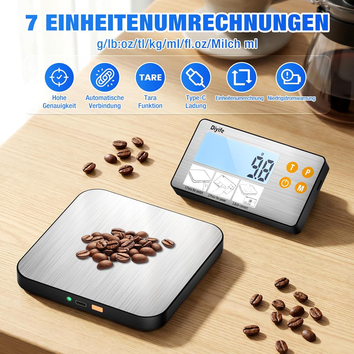 Diyife Küchenwaage, digital, geteilt, Edelstahl, 1 g/15 kg, Haushaltswaage, USB-Aufladung und batteriebetrieben, hintergrundbeleuchtetes LCD-Display, Küchenwaage, Zählfunktion zum Backen, Kochen, Essen – Bild 4