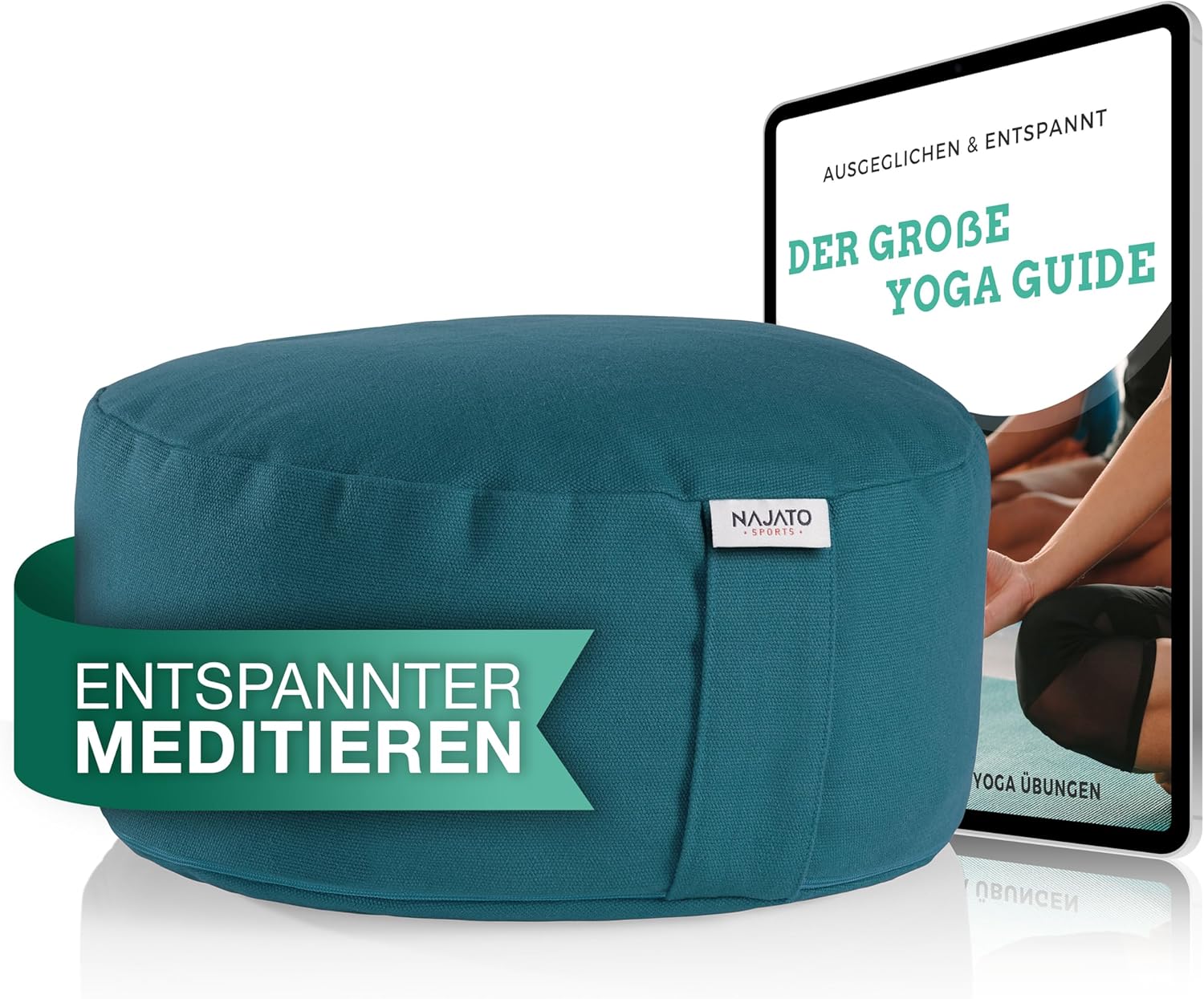NAJATO Sports Meditationskissen – Yogakissen mit E-Book (PDF-Datei) – Rundes Yogakissen mit Buchweizenschalenfüllung – 30 cm Durchmesser, 14 cm hoch – waschbarer Baumwollbezug (Petrol)